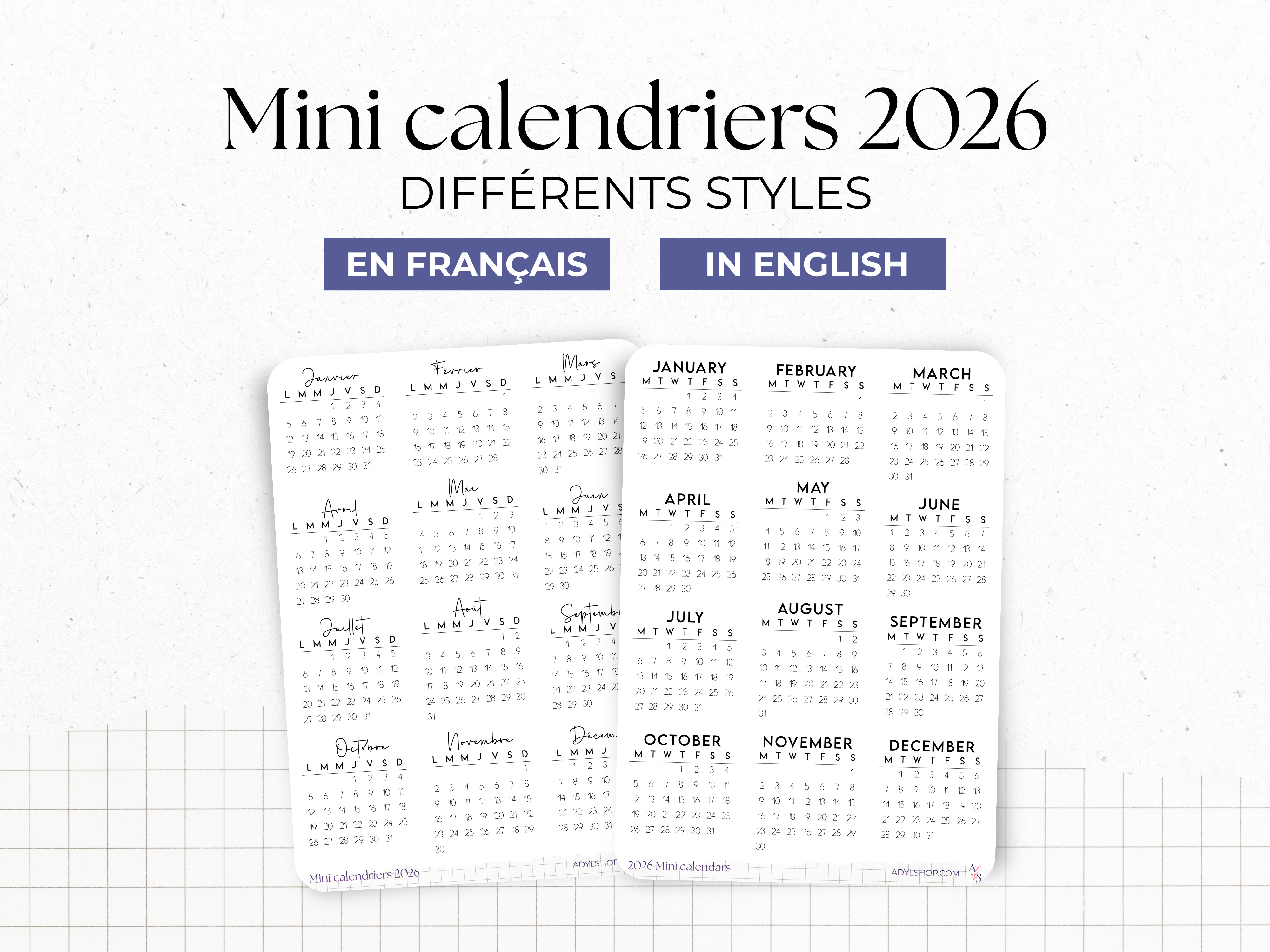 Stickers mini calendriers année 2026, différentes polices, avec ou sans en-têtes - 12 stickers par planche - Bullet Journal & Planner