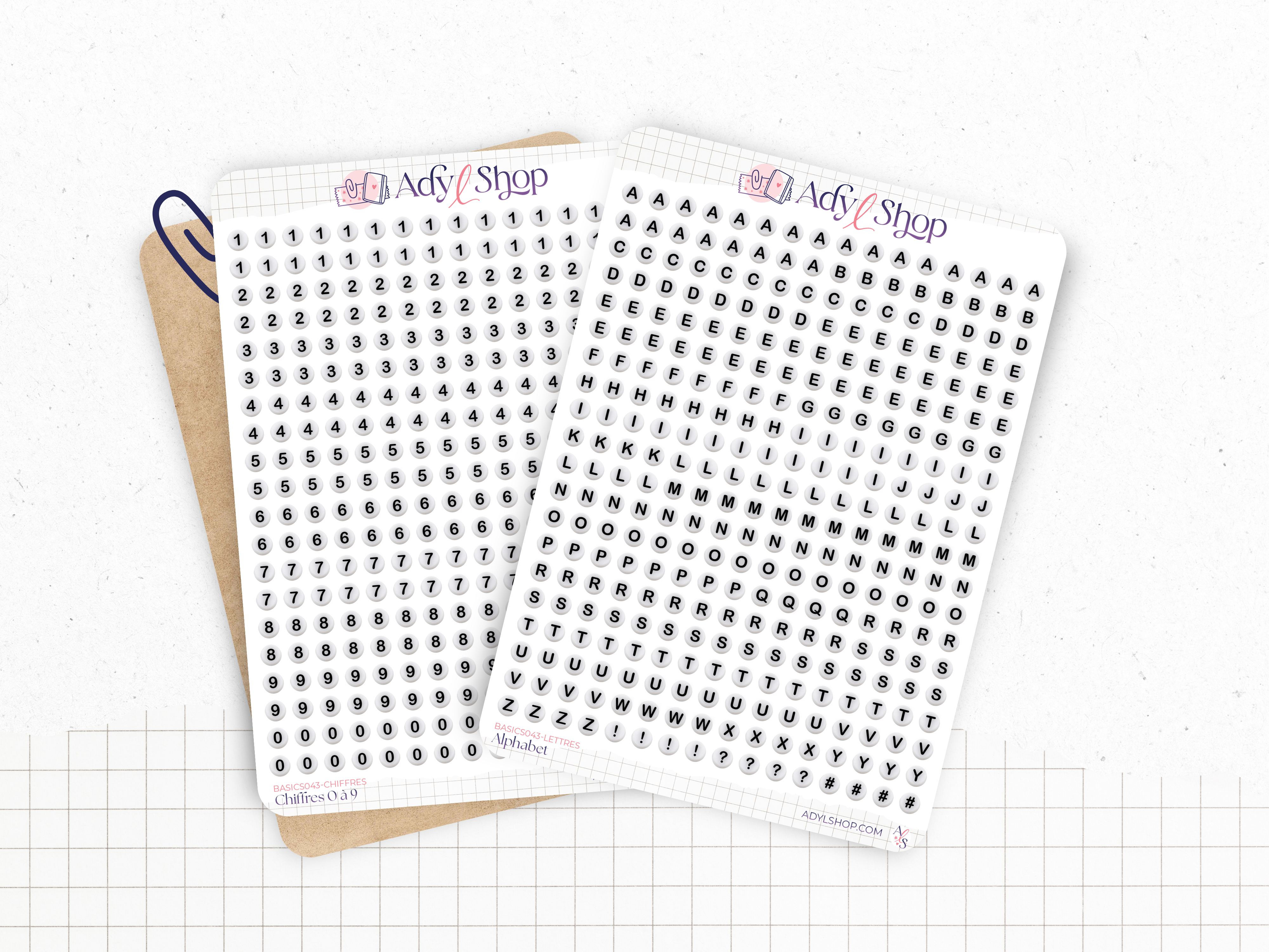 Planches de stickers Alphabet & Chiffres – Perles blanches (0,5 cm) | Bullet Journal & Journaling