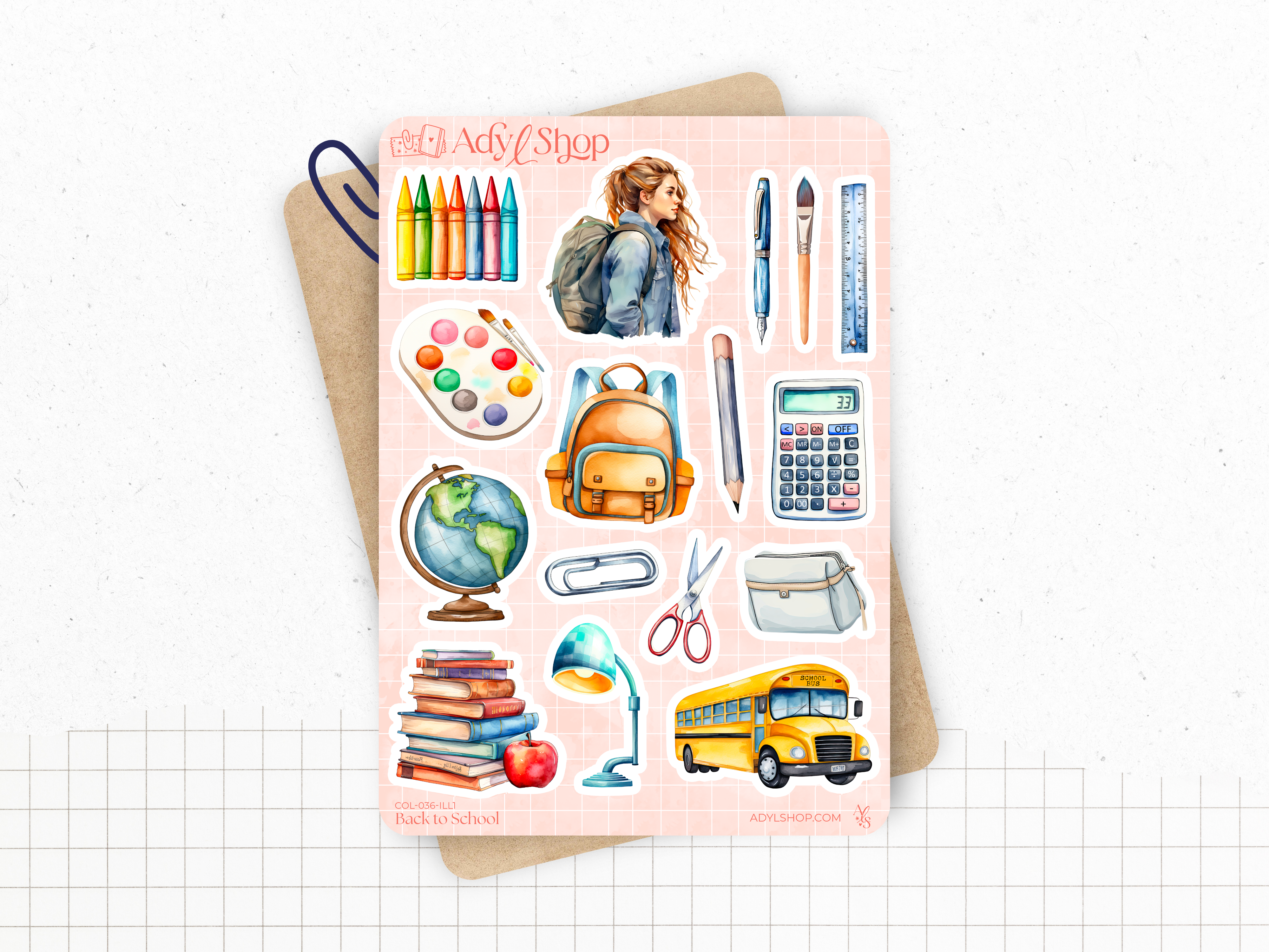 Sticker sheets - "Back to School" - Watercolor illustrations : school supplies, stationery, art - Bullet Journal / Planner sticker sheet