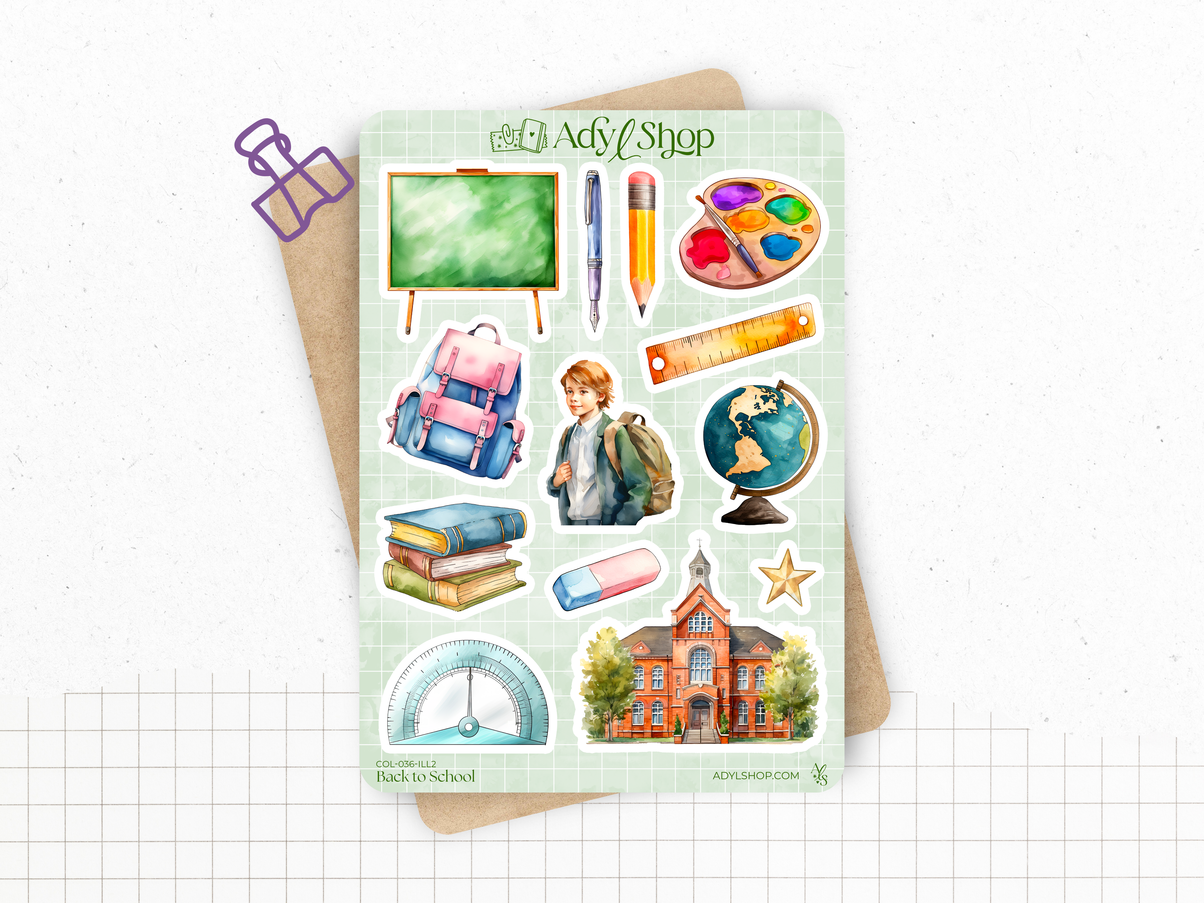 Sticker sheets - "Back to School" - Watercolor illustrations : school supplies, stationery, art - Bullet Journal / Planner sticker sheet