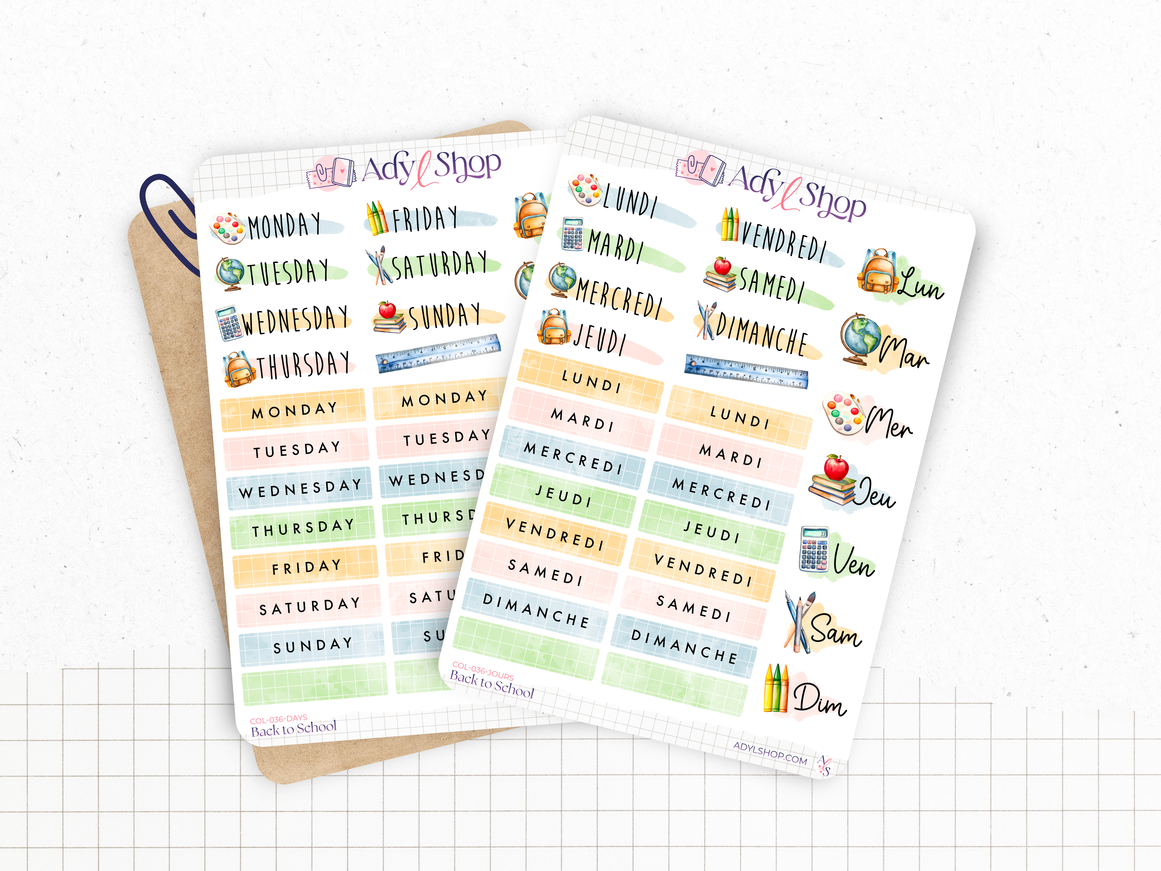 Sticker sheets - "Back to School" - Watercolor illustrations : school supplies, stationery, art - Bullet Journal / Planner sticker sheet