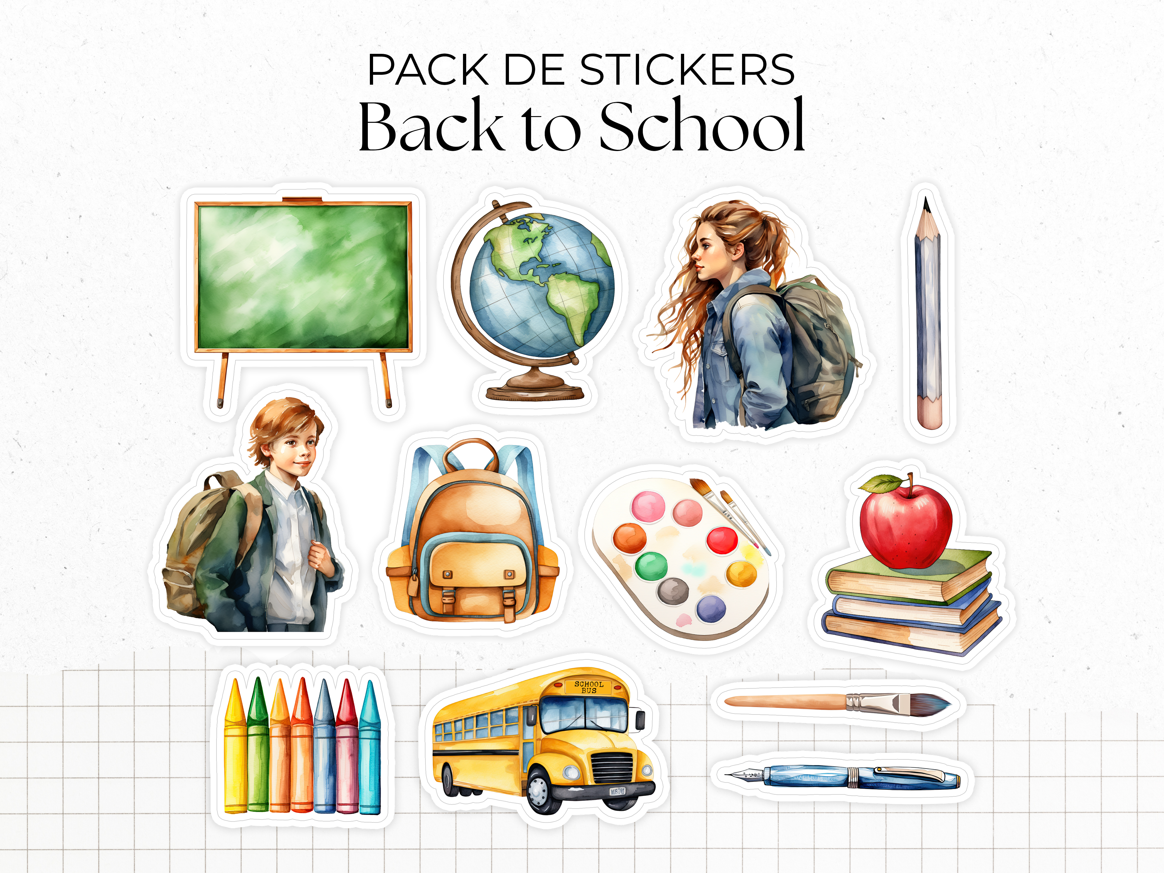 Sticker pack - Die-cut stickers - "Back to School" - Watercolor illustrations : school supplies, stationery, art - Bullet Journal / Planner