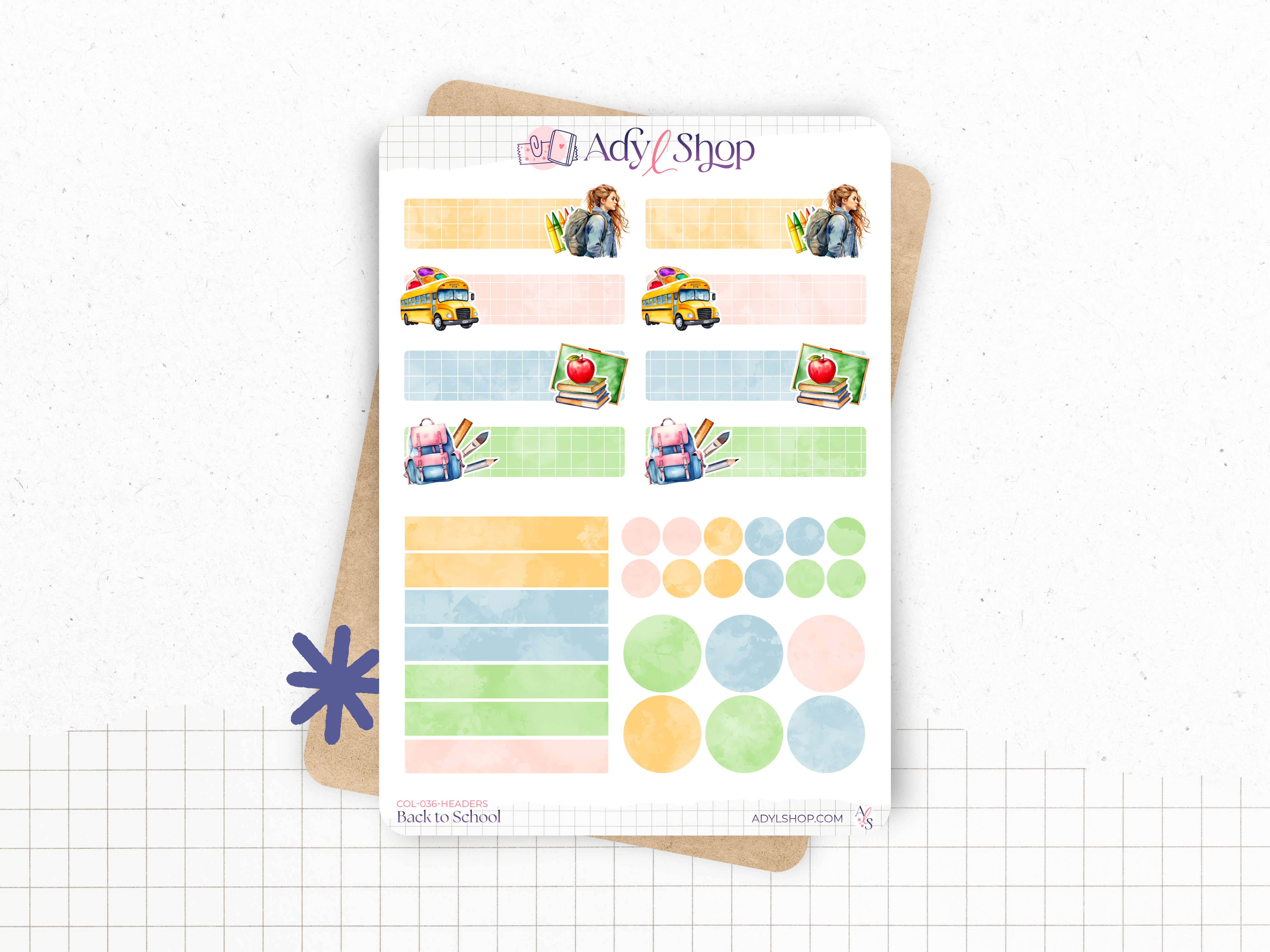 Sticker sheets - "Back to School" - Watercolor illustrations : school supplies, stationery, art - Bullet Journal / Planner sticker sheet