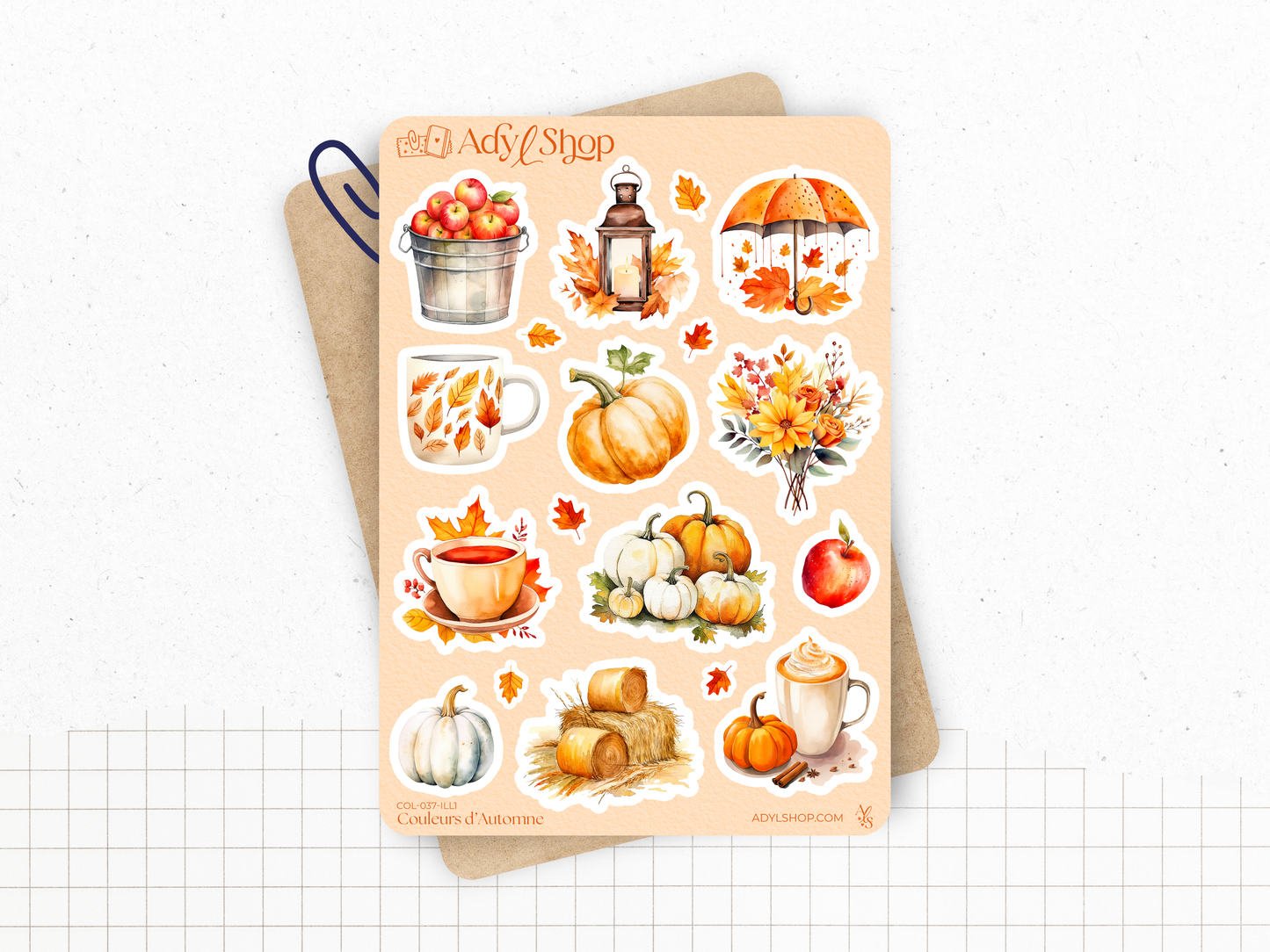 Sticker sheets - "Colors of Fall" - Watercolor illustrations : autumn, pumpkin, leaves, coffee - Bullet Journal / Planner sticker sheet