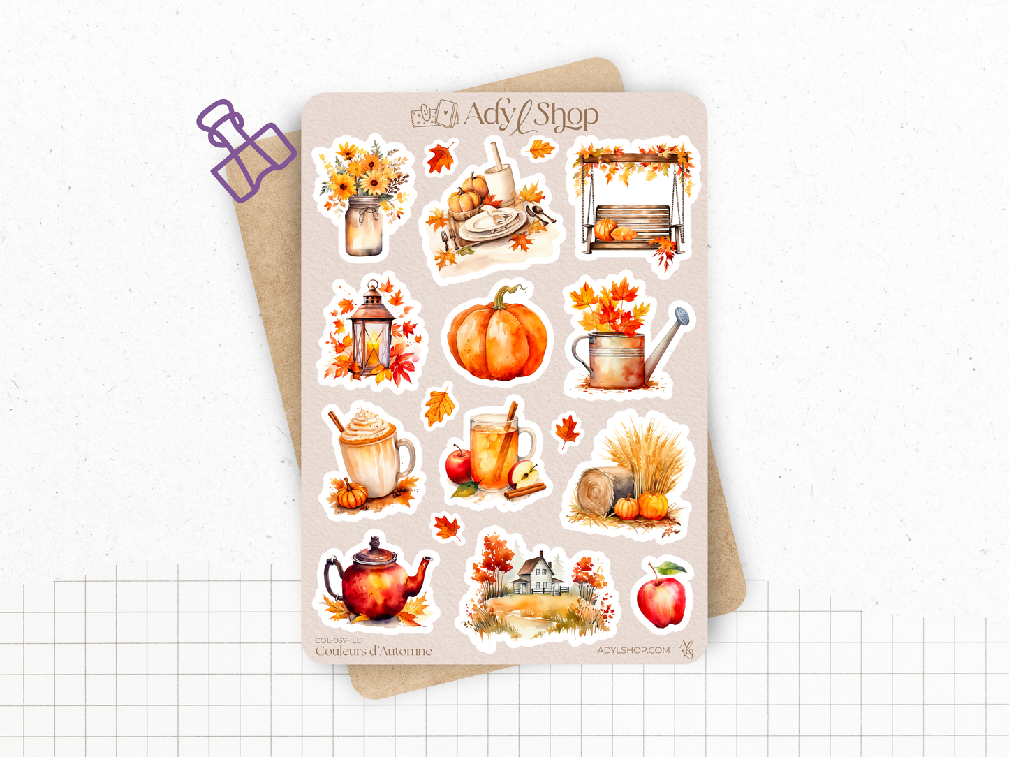 Sticker sheets - "Colors of Fall" - Watercolor illustrations : autumn, pumpkin, leaves, coffee - Bullet Journal / Planner sticker sheet