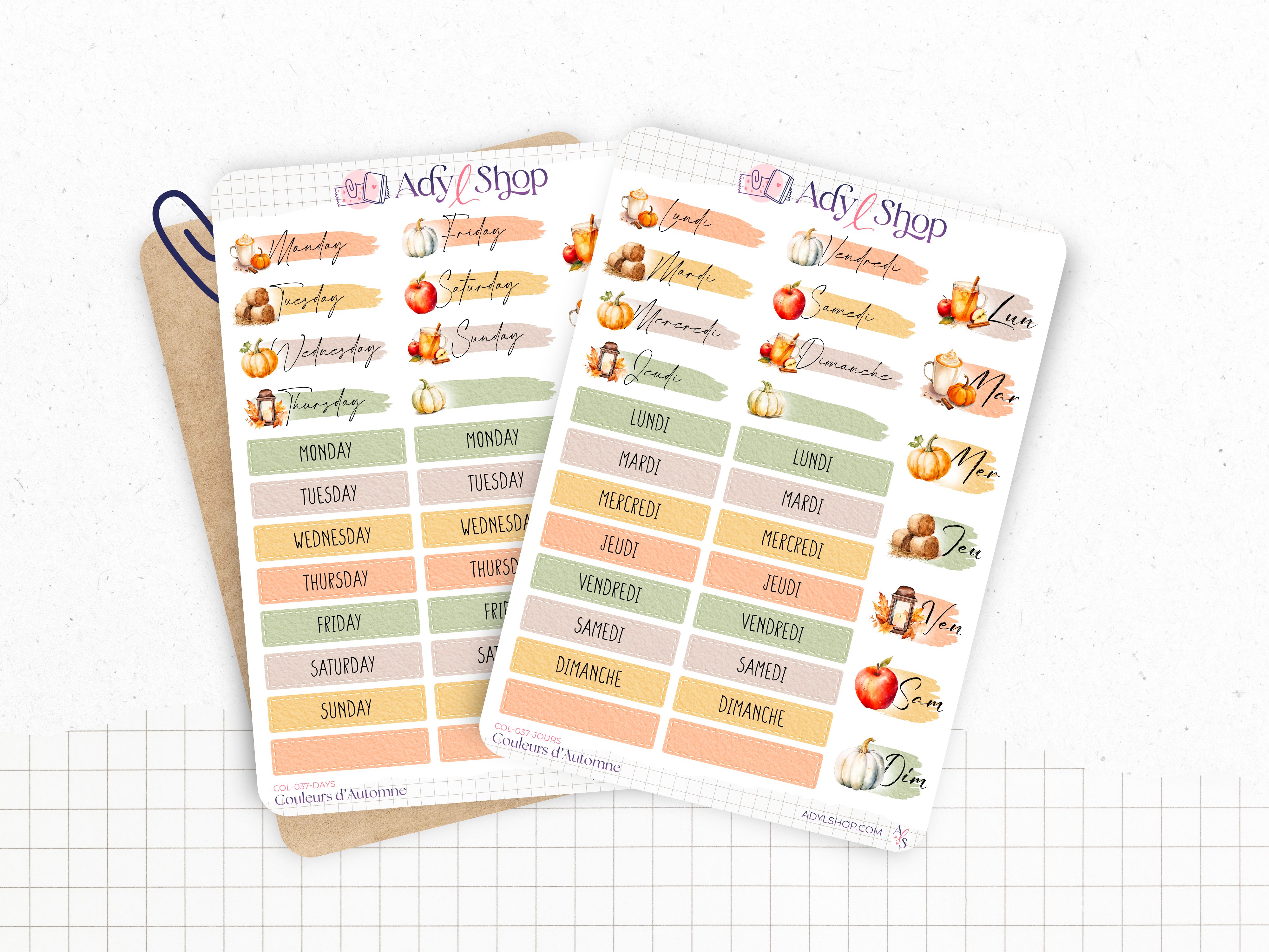Sticker sheets - "Colors of Fall" - Watercolor illustrations : autumn, pumpkin, leaves, coffee - Bullet Journal / Planner sticker sheet