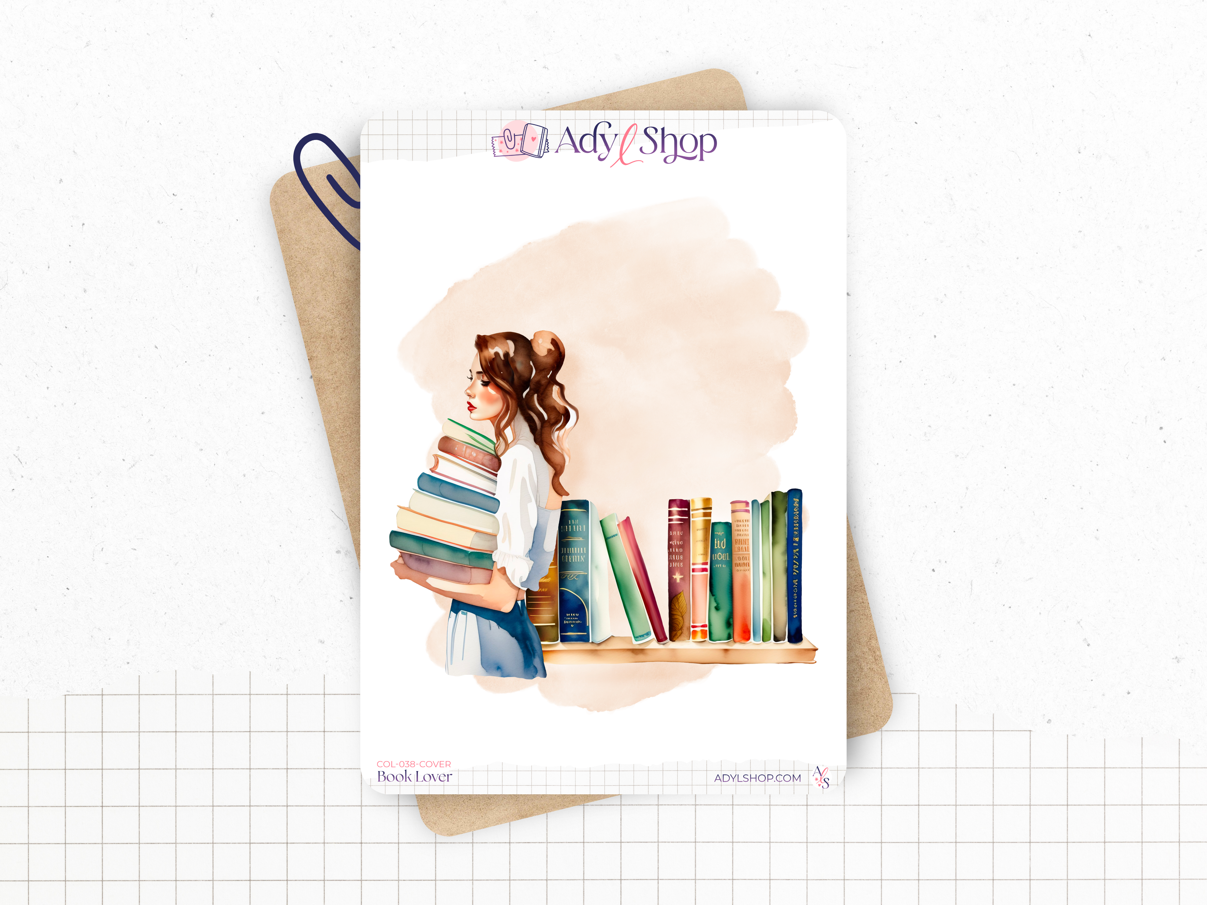 Sticker sheets - "Book Lover" - Watercolor illustrations : stack of books, reading, library - Cover Page - Bullet Journal / Planner