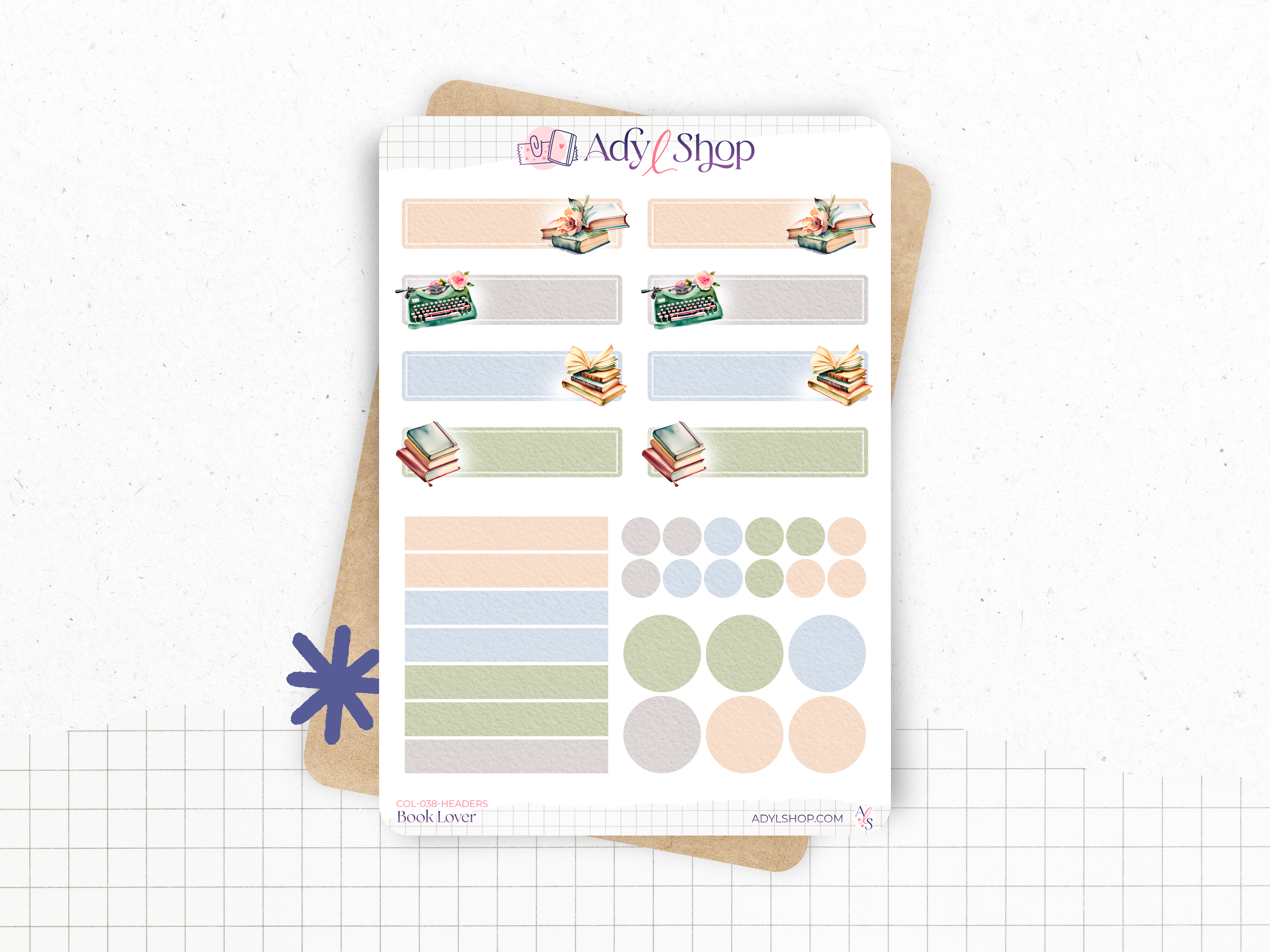 Sticker sheets - "Book Lover" - Watercolor illustrations : stack of books, reading, library - Headers & shapes - Bullet Journal / Planner