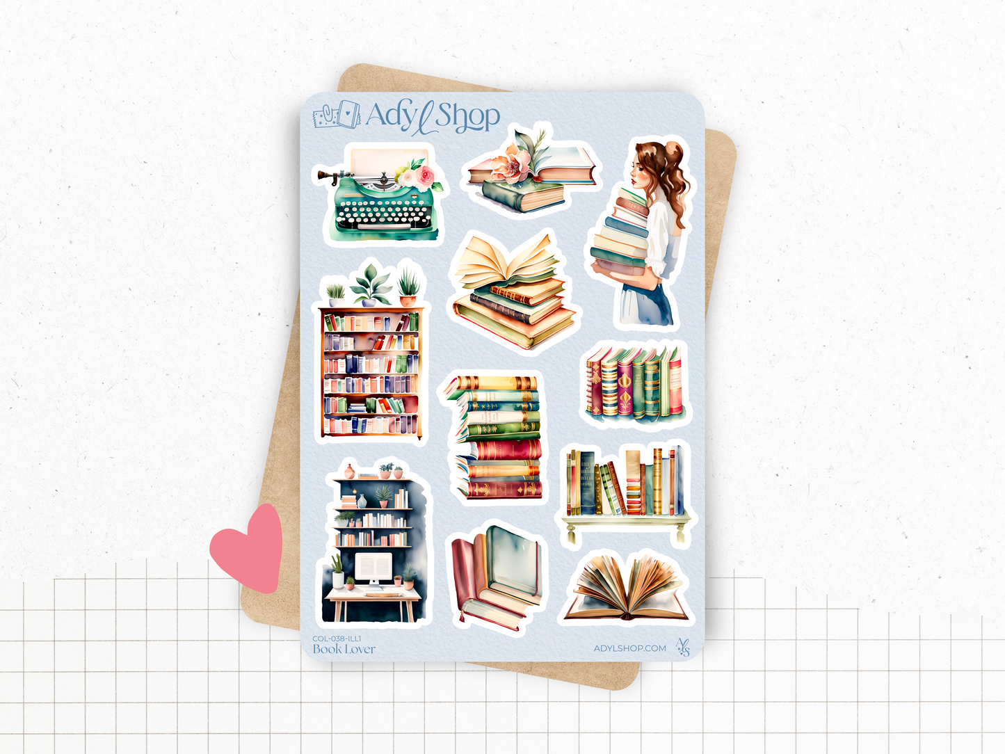 Sticker sheets - "Book Lover" - Watercolor illustrations : stack of books, reading, library - Bullet Journal / Planner sticker sheet