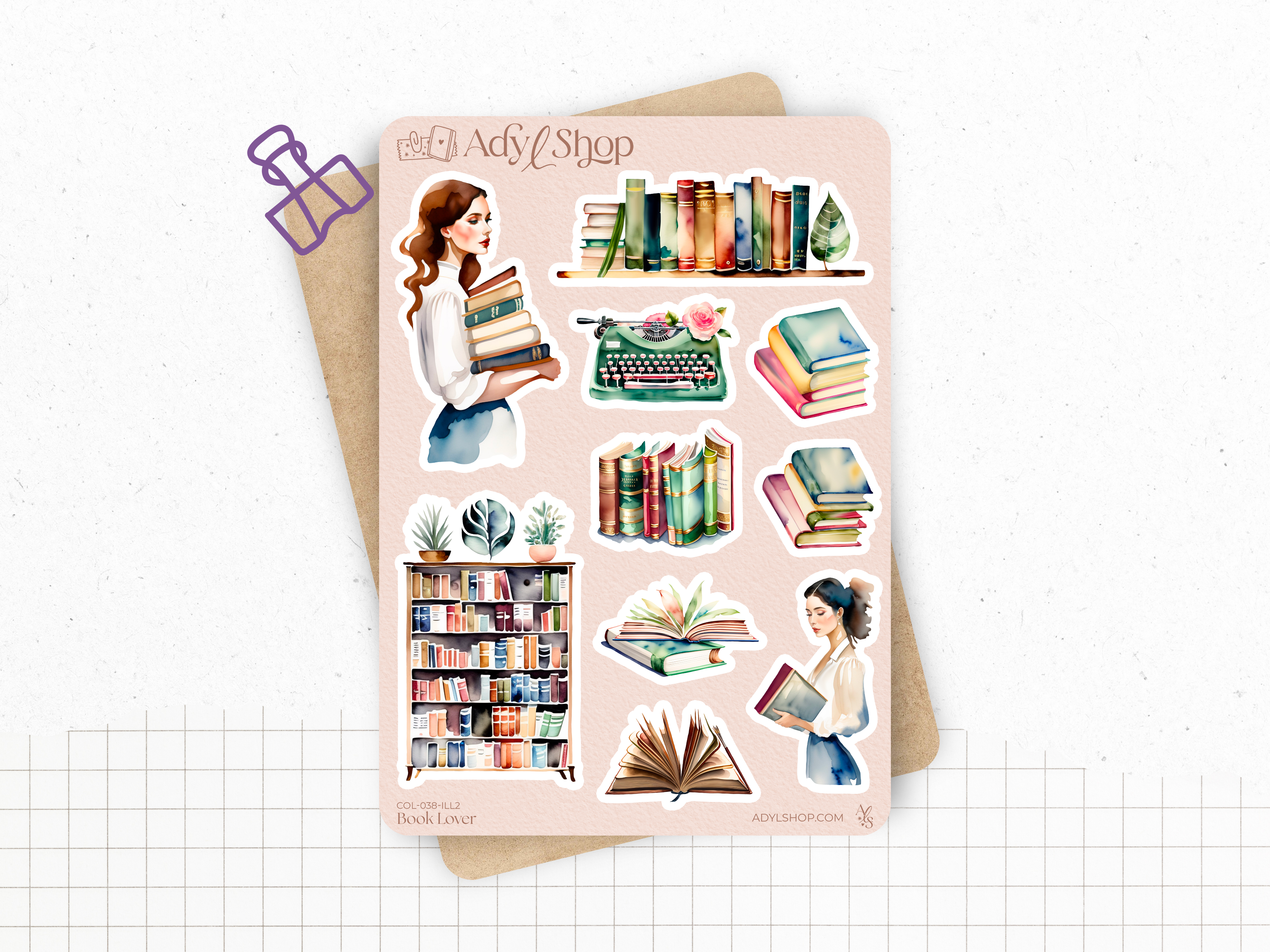 Sticker sheets - "Book Lover" - Watercolor illustrations : stack of books, reading, library - Bullet Journal / Planner sticker sheet