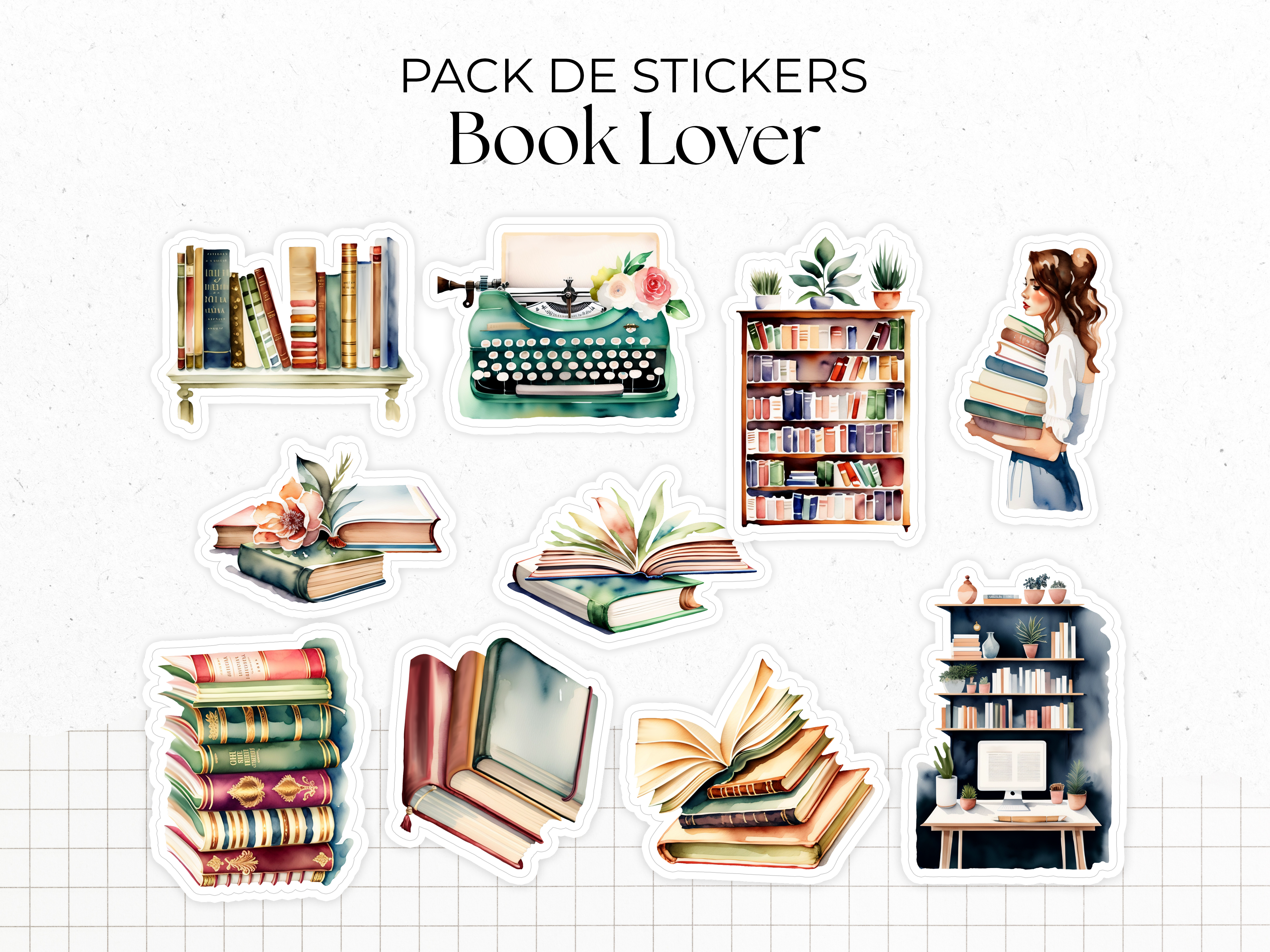 Sticker sheets - "Book Lover" - Watercolor illustrations : stack of books, reading, library - Pack of 10 die-cut stickers - Bullet Journal / Planner