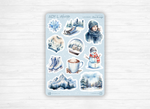Planches de Stickers "Sous la Neige" - Autocollants sur le thème de l'hiver, froid, Noël, flocons de neige, bleu- Bullet Journal/Planner