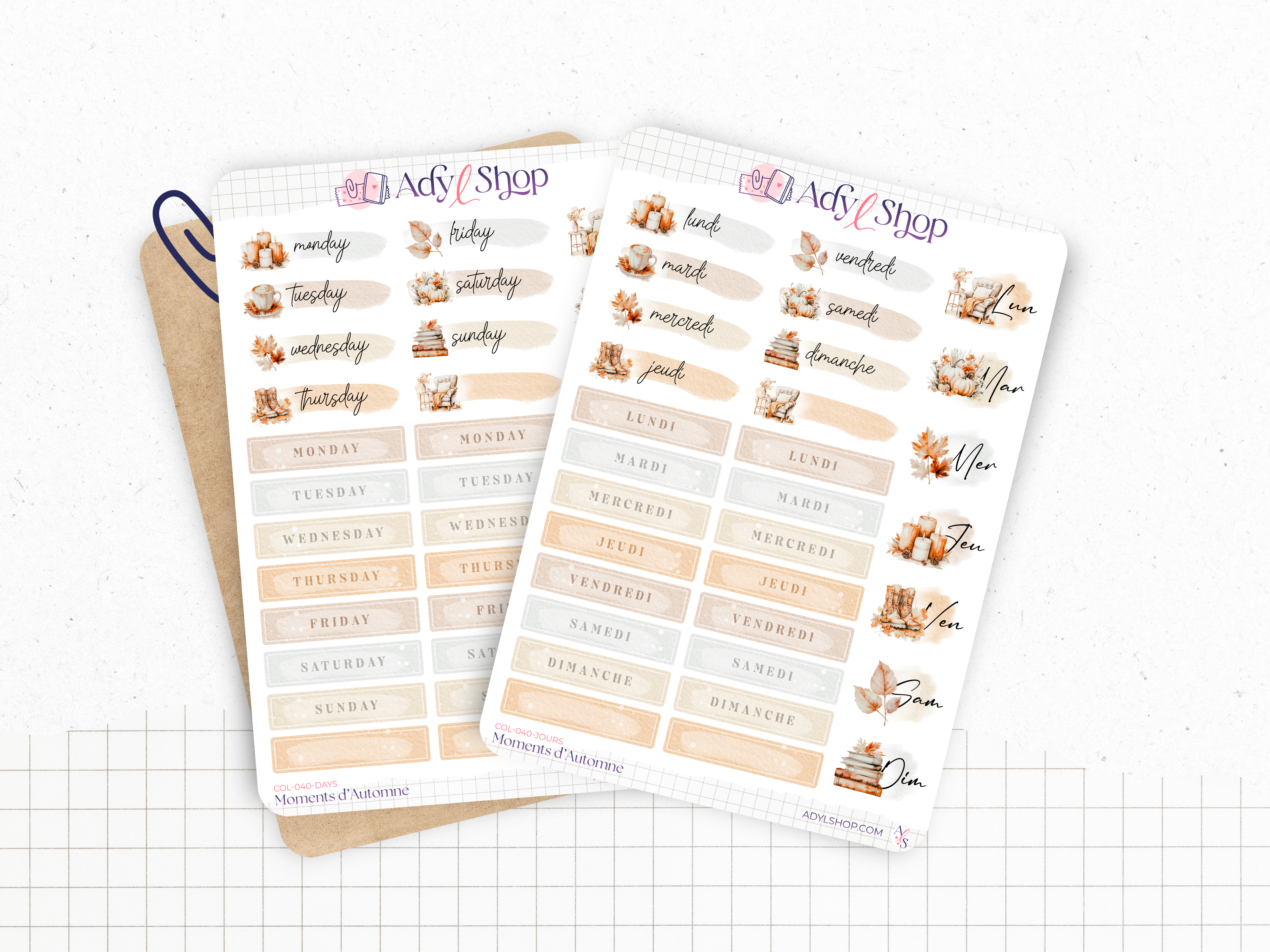 Sticker sheets - "Fall Moments" - Watercolor illustrations : autumn, cozy vibe, soft colors - Days of the week - Bullet Journal / Planner sticker sheet