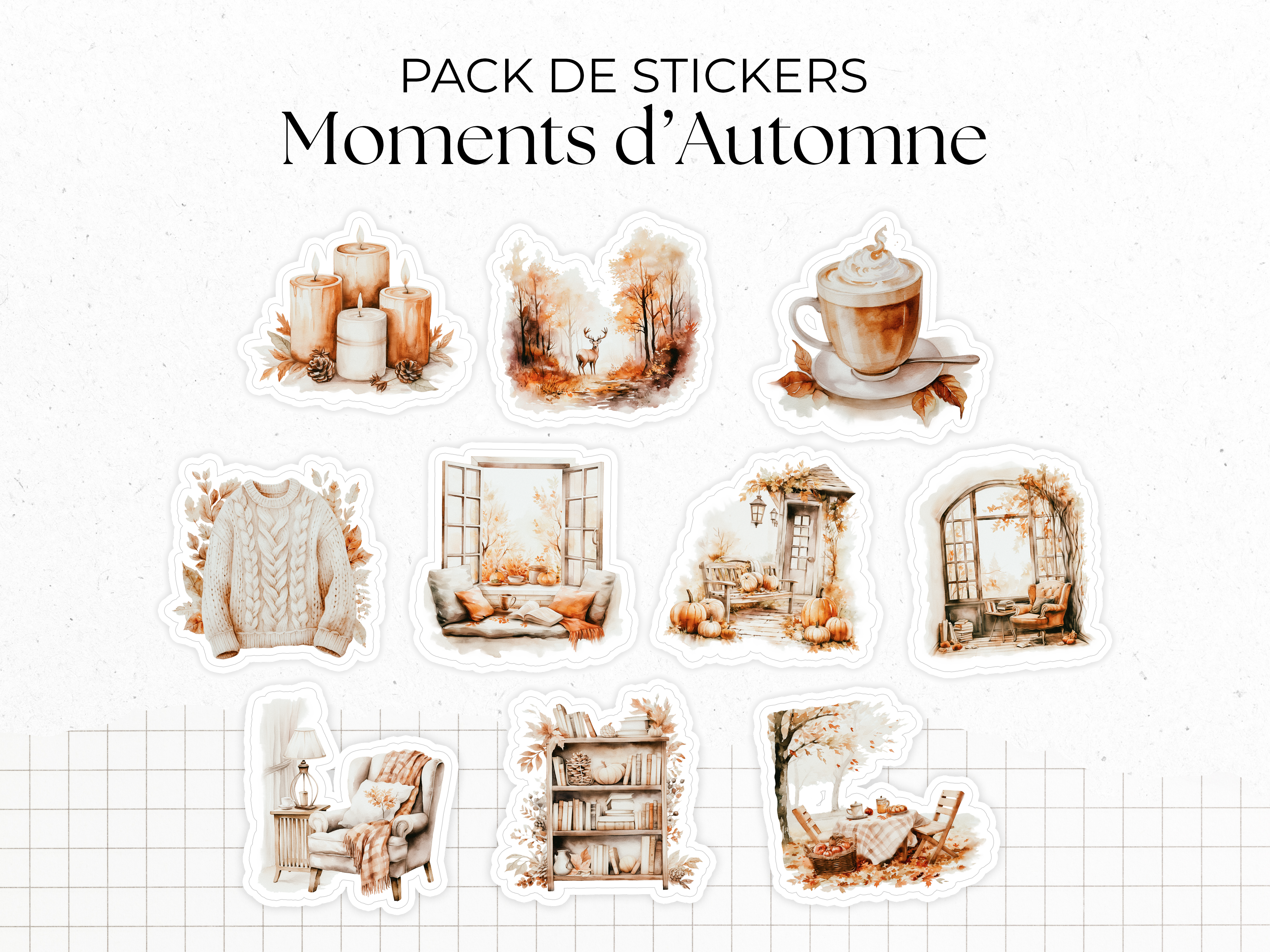 Sticker pack - "Fall Moments" - Watercolor illustrations : autumn, cozy vibe, soft colors - 10 die-cut stickers - Bullet Journal / Planner sticker sheet