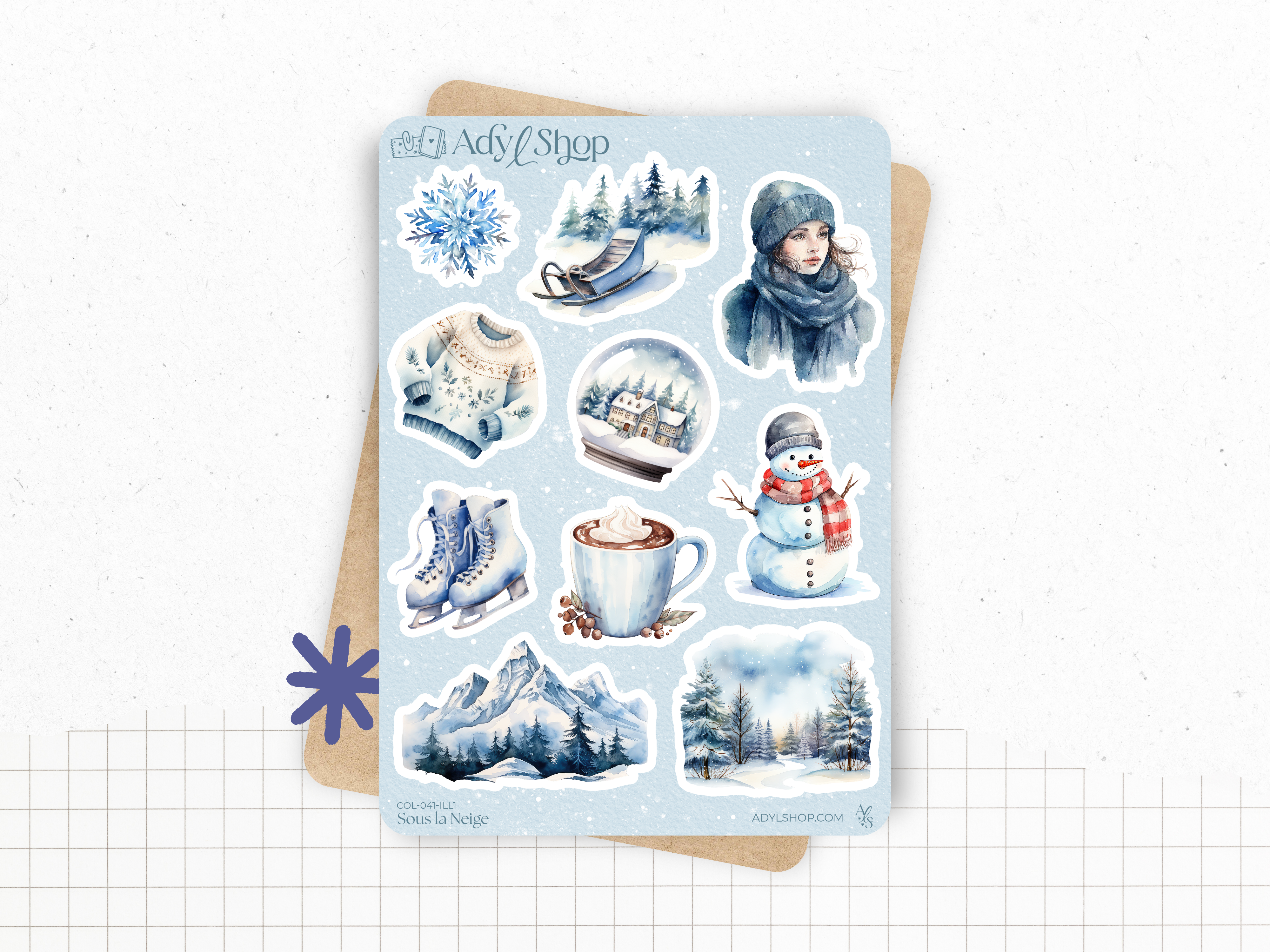 Sticker sheets - "Snow Day" - Watercolor illustrations : winter, snow, Christmas, cold, blue - Bullet Journal / Planner sticker sheet
