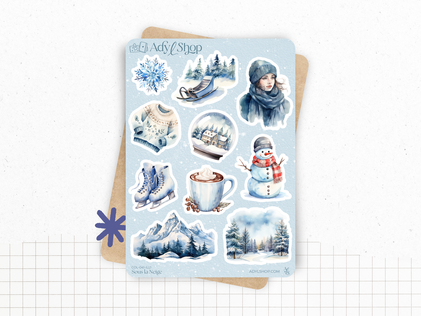 Planches de Stickers "Sous la Neige" - Autocollants sur le thème de l'hiver, froid, Noël - Jours de la semaine - Bullet Journal/Planner