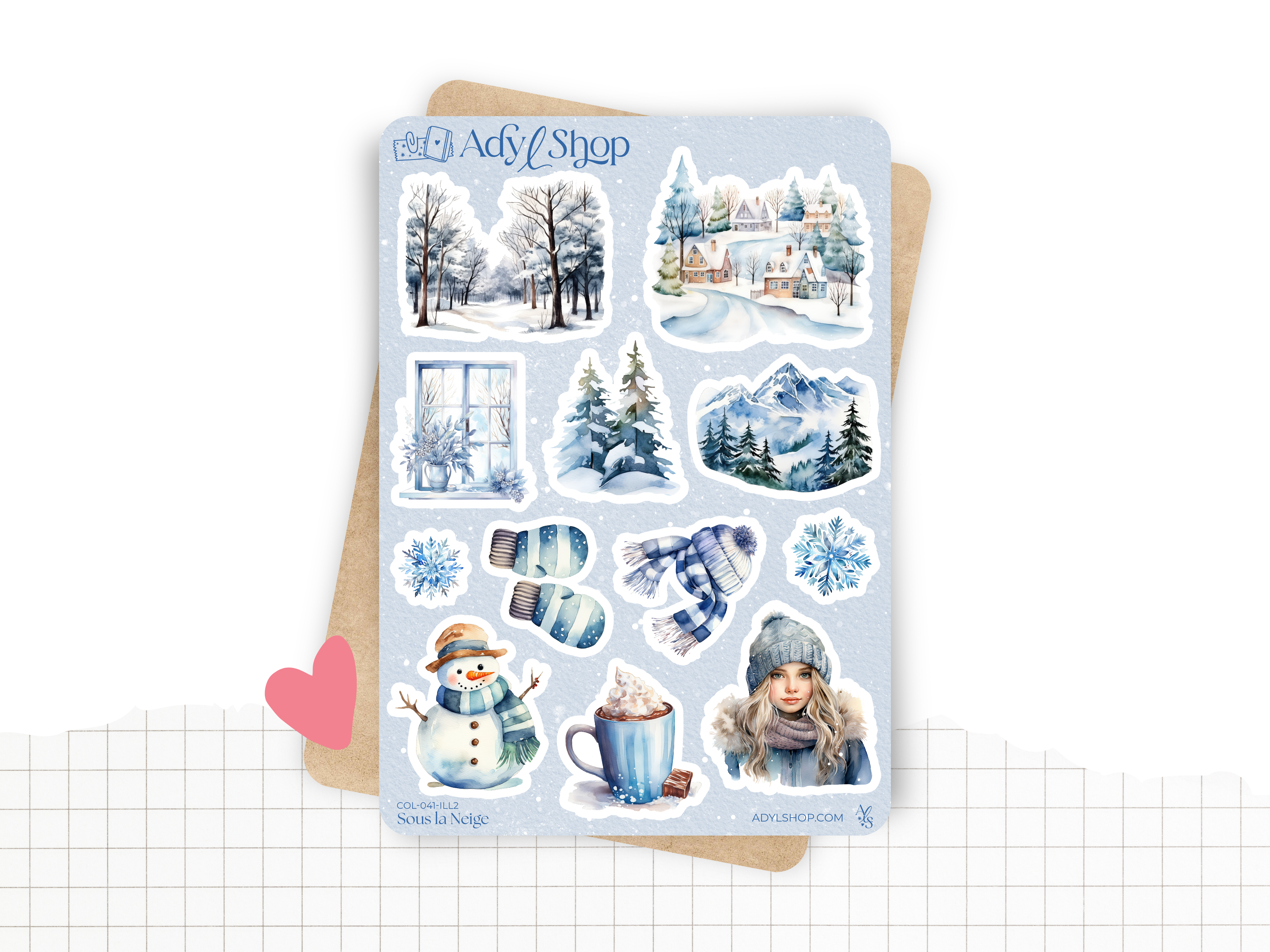 Sticker sheets - "Snow Day" - Watercolor illustrations : winter, snow, Christmas, cold, blue - Bullet Journal / Planner sticker sheet