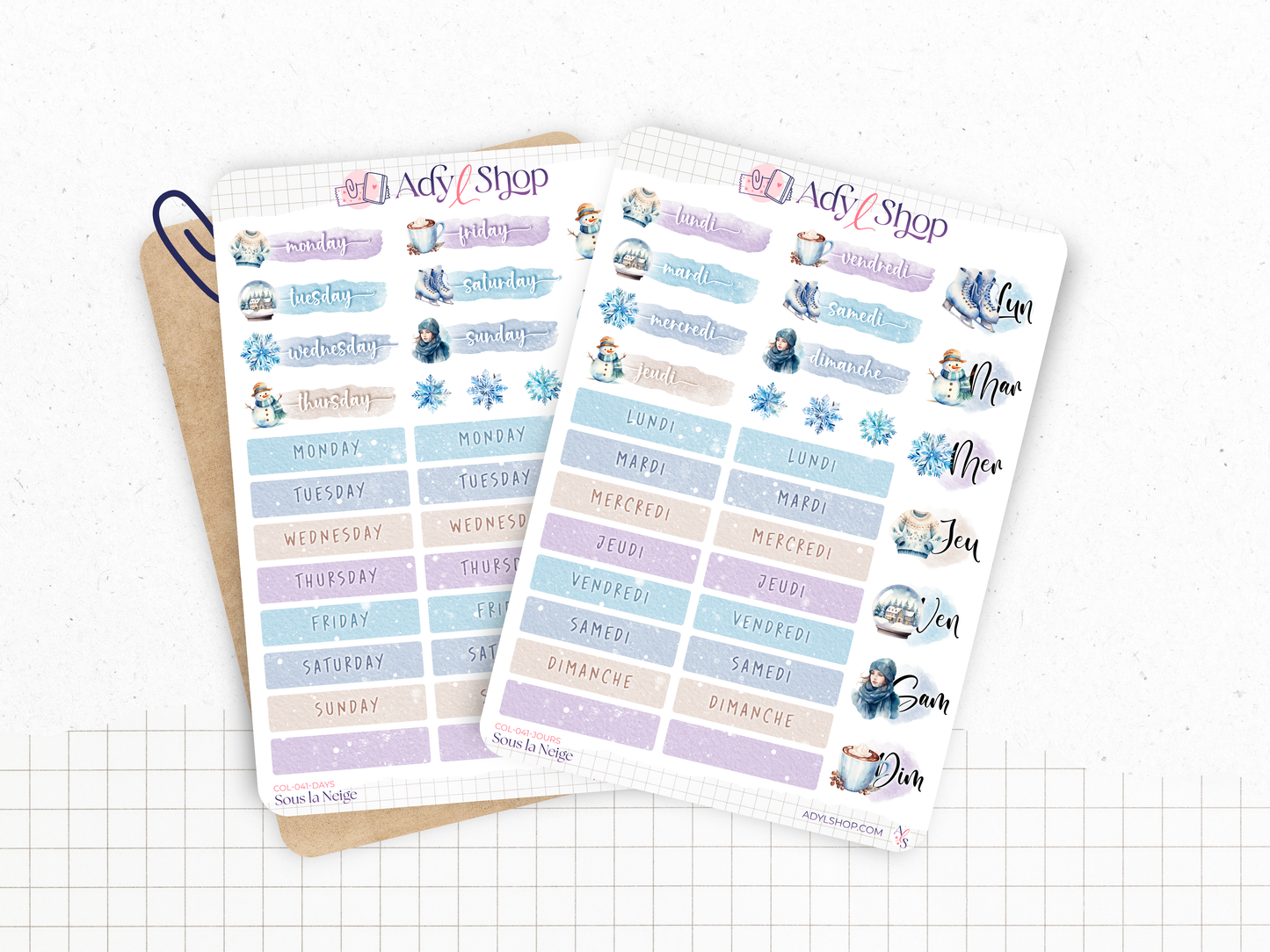 Planches de Stickers "Sous la Neige" - Autocollants sur le thème de l'hiver, froid, Noël - Jours de la semaine - Bullet Journal/Planner