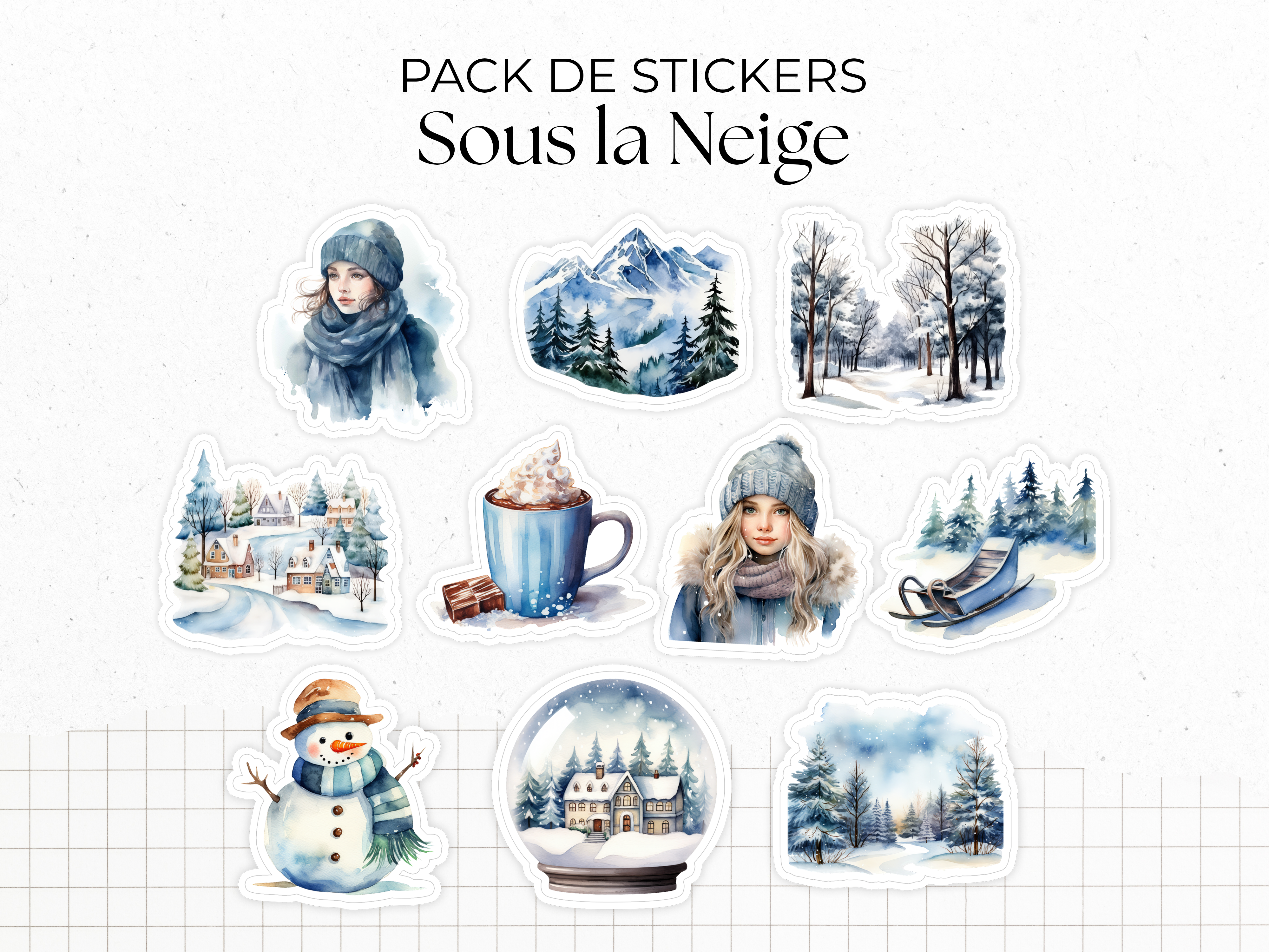 Sticker pack - "Snow Day" - Watercolor illustrations : winter, snow, Christmas - 10 die-cut stickers - Bullet Journal / Planner sticker sheet