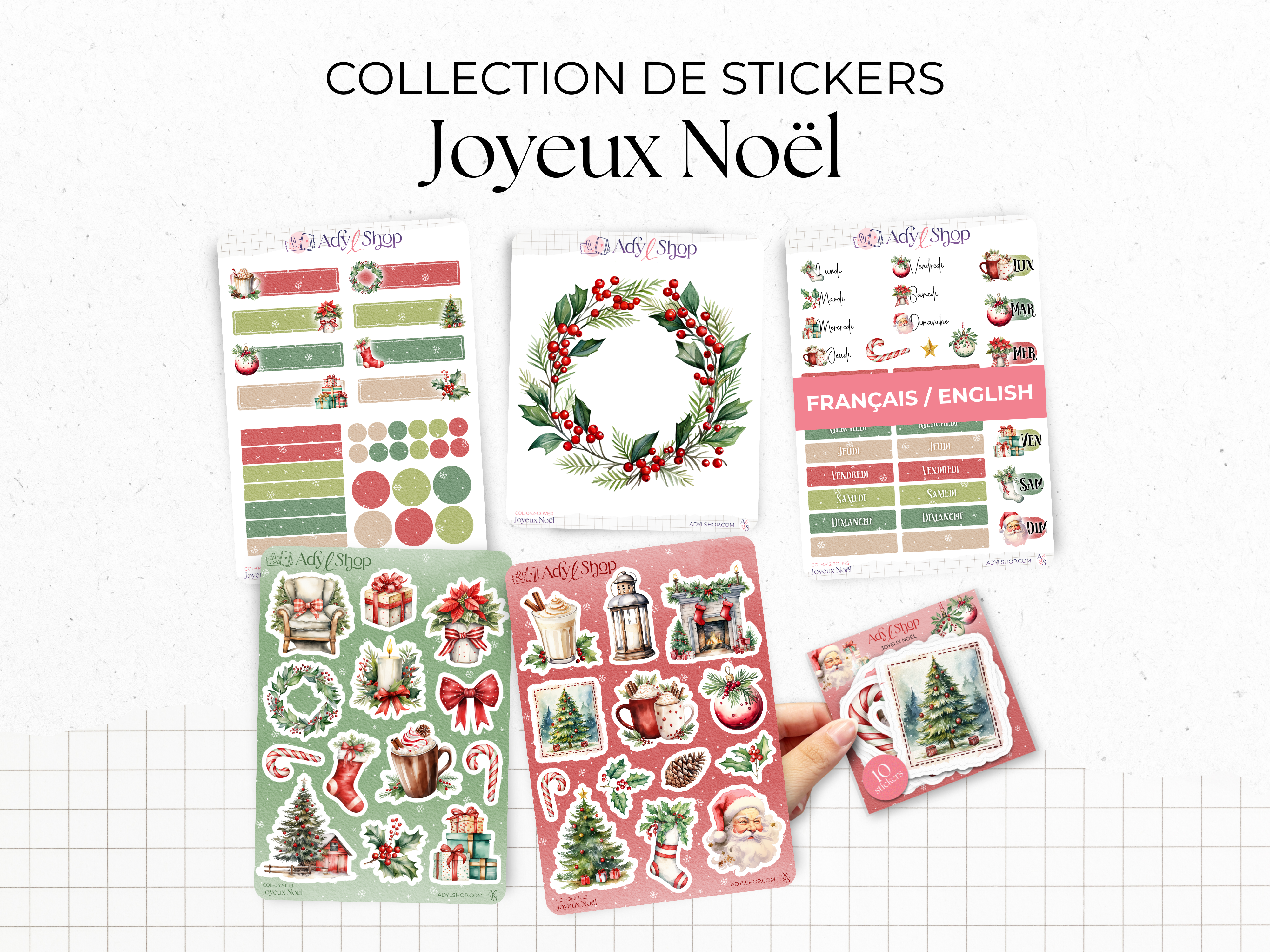 Complete collection - "Merry Christmas" - Watercolor illustrations : Christmas, winter, Santa, gifts - Bullet Journal / Planner sticker sheet