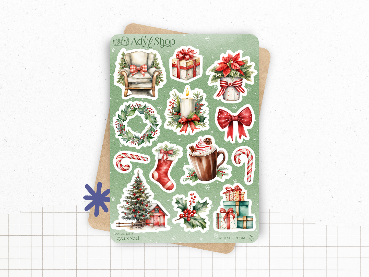 Planches de Stickers "Joyeux Noël" - Autocollants sur le thème de Noël, hiver, père Noël, cadeaux - Headers, formes - Bullet Journal/Planner