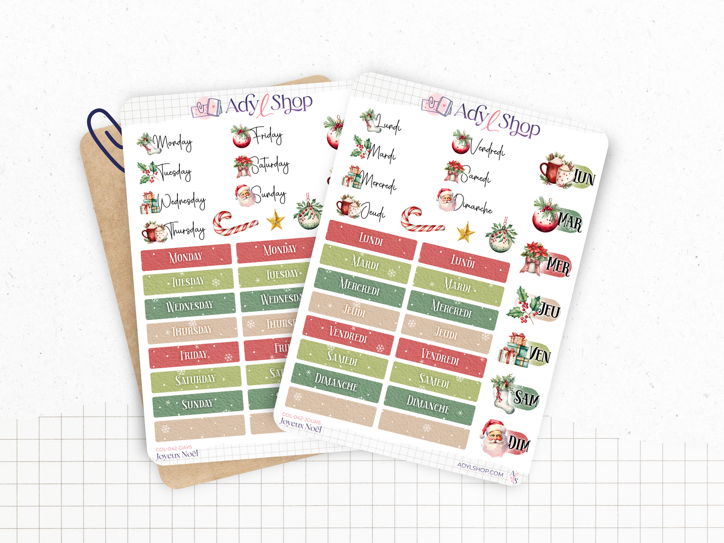 Planches de Stickers "Joyeux Noël" - Autocollants sur le thème de Noël, hiver, père Noël, cadeaux - Headers, formes - Bullet Journal/Planner