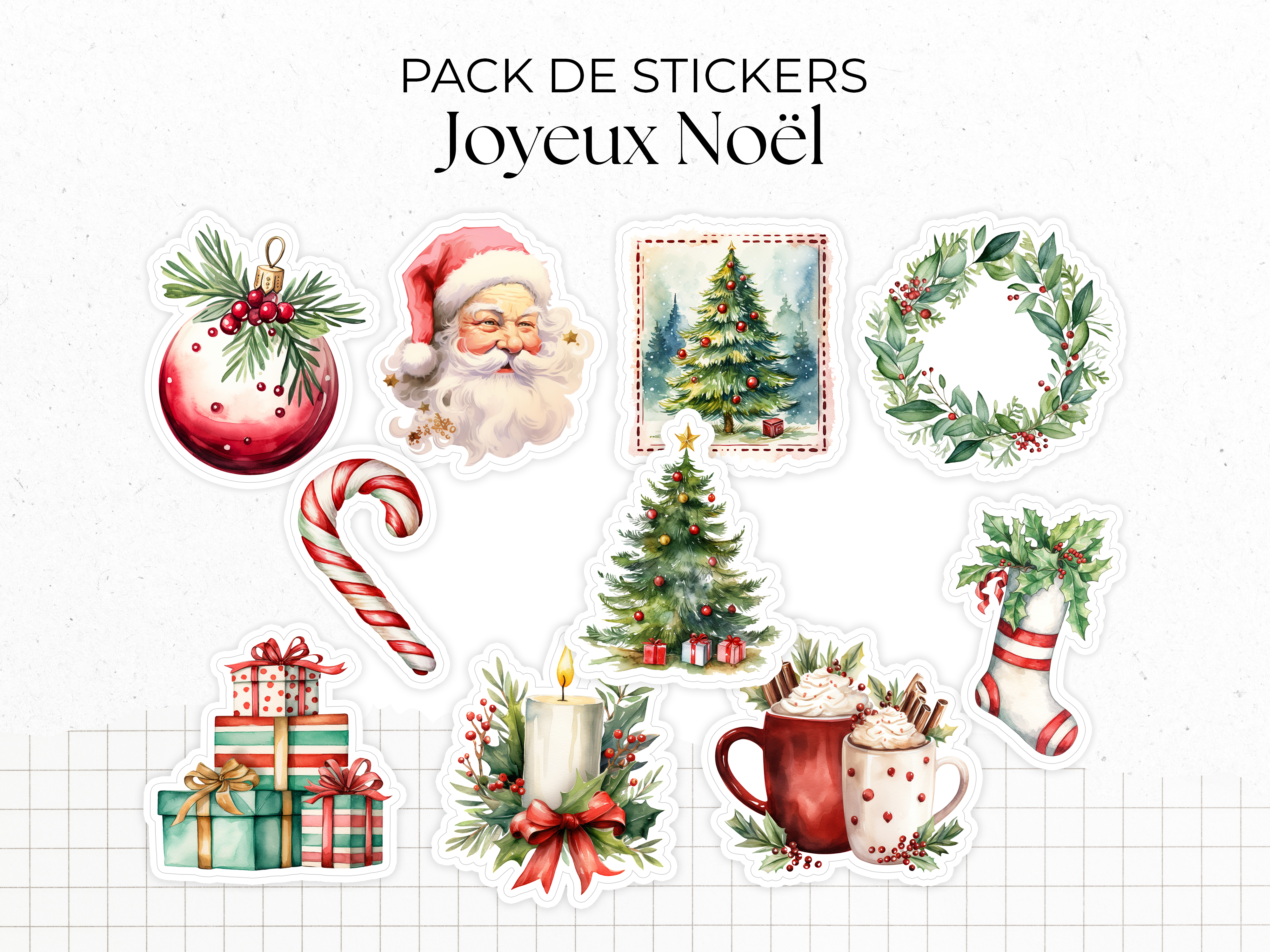 Sticker pack - "Merry Christmas" - Watercolor illustrations : Christmas, winter, Santa, gifts - 10 die-cut stickers - Bullet Journal / Planner sticker sheet