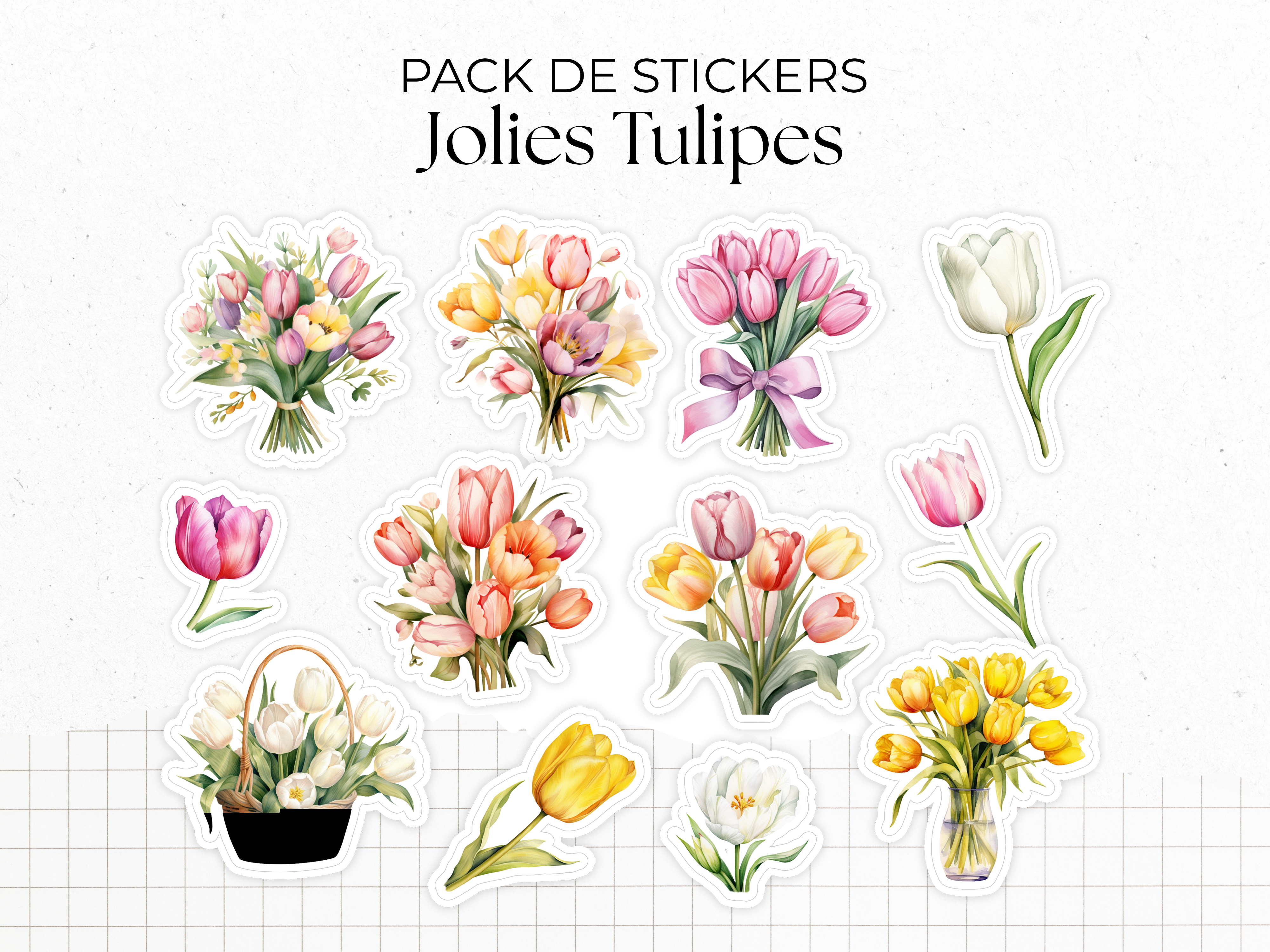 Sticker pack - "Beautiful Tulips" - Watercolor illustrations : spring, flowers - 10 die-cut stickers - Bullet Journal / Planner sticker sheet
