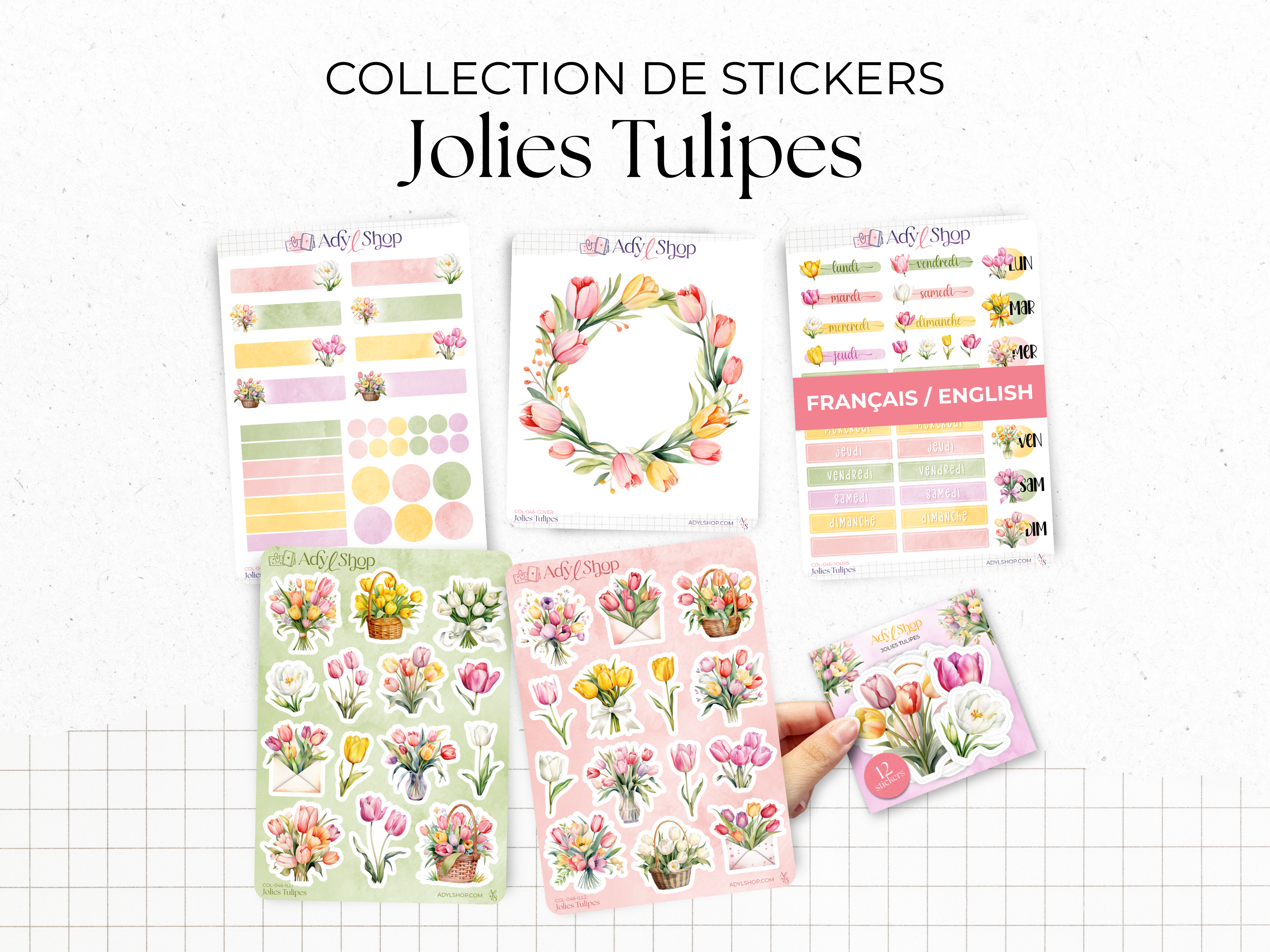 Complete collection of stickers - "Beautiful Tulips" - Watercolor illustrations : spring, flowers - Colorful tulips - Bullet Journal / Planner sticker sheet