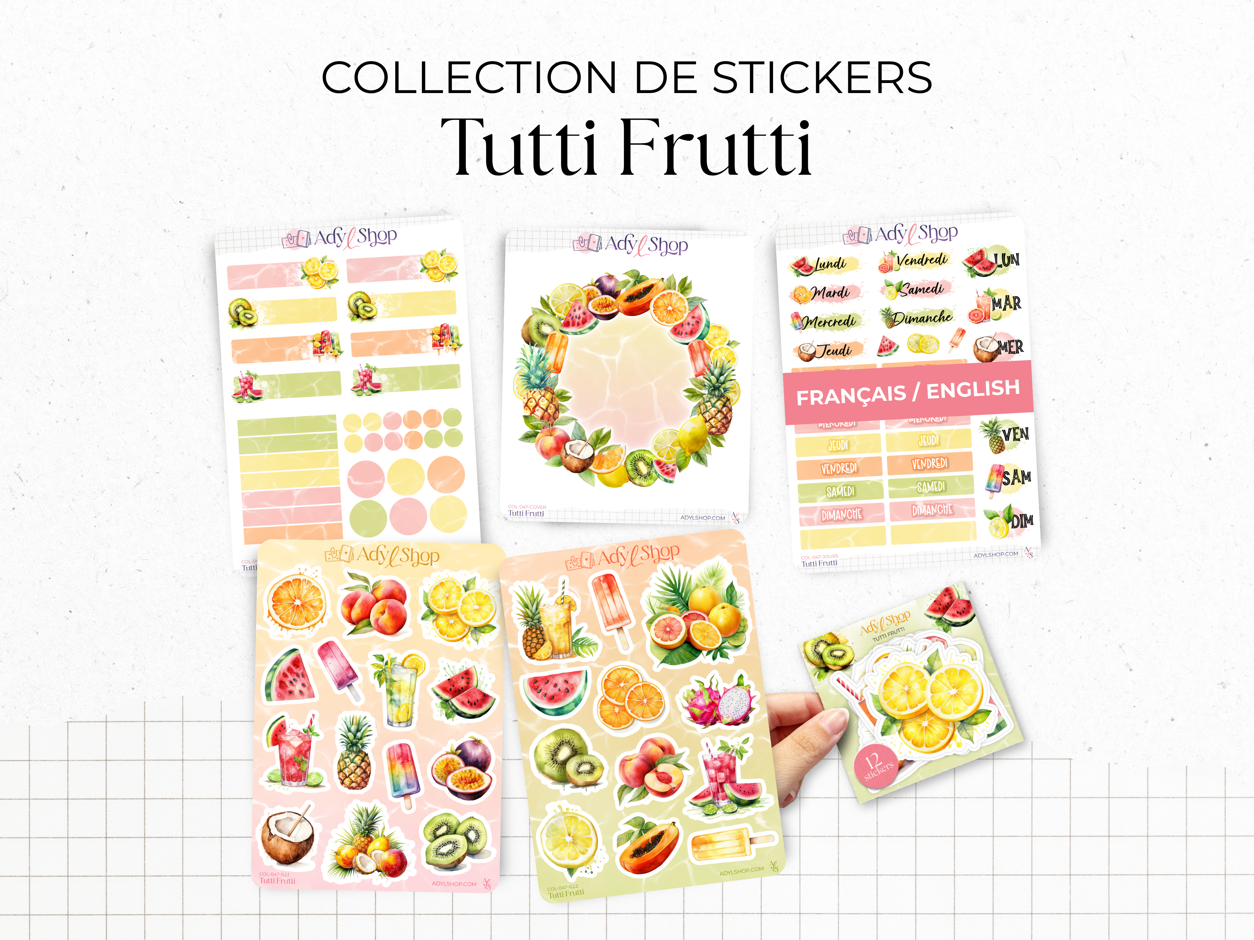Sticker sheets - "Tutti Frutti" - Watercolor illustrations : summer, fruits - Colorful stickers - Bullet Journal / Planner sticker sheet
