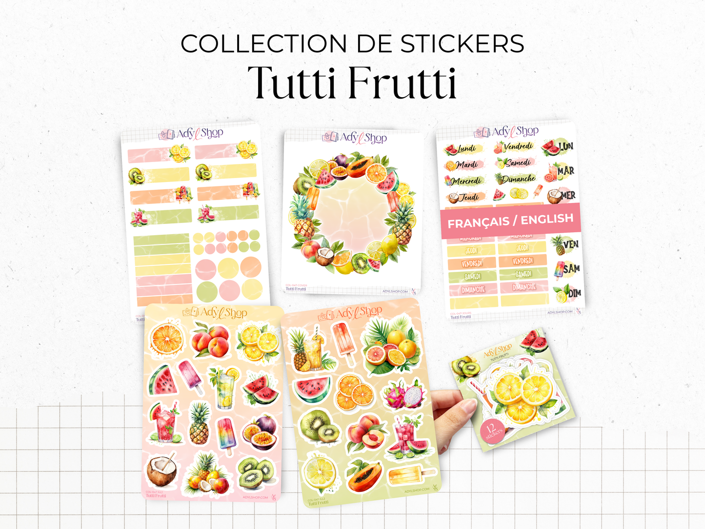 Planches de Stickers "Tutti Frutti" - Autocollants sur le thème de l'été et des fruits - Couronne de fruits, couverture mensuelle - Couleurs vitaminées - Bullet Journal Planner