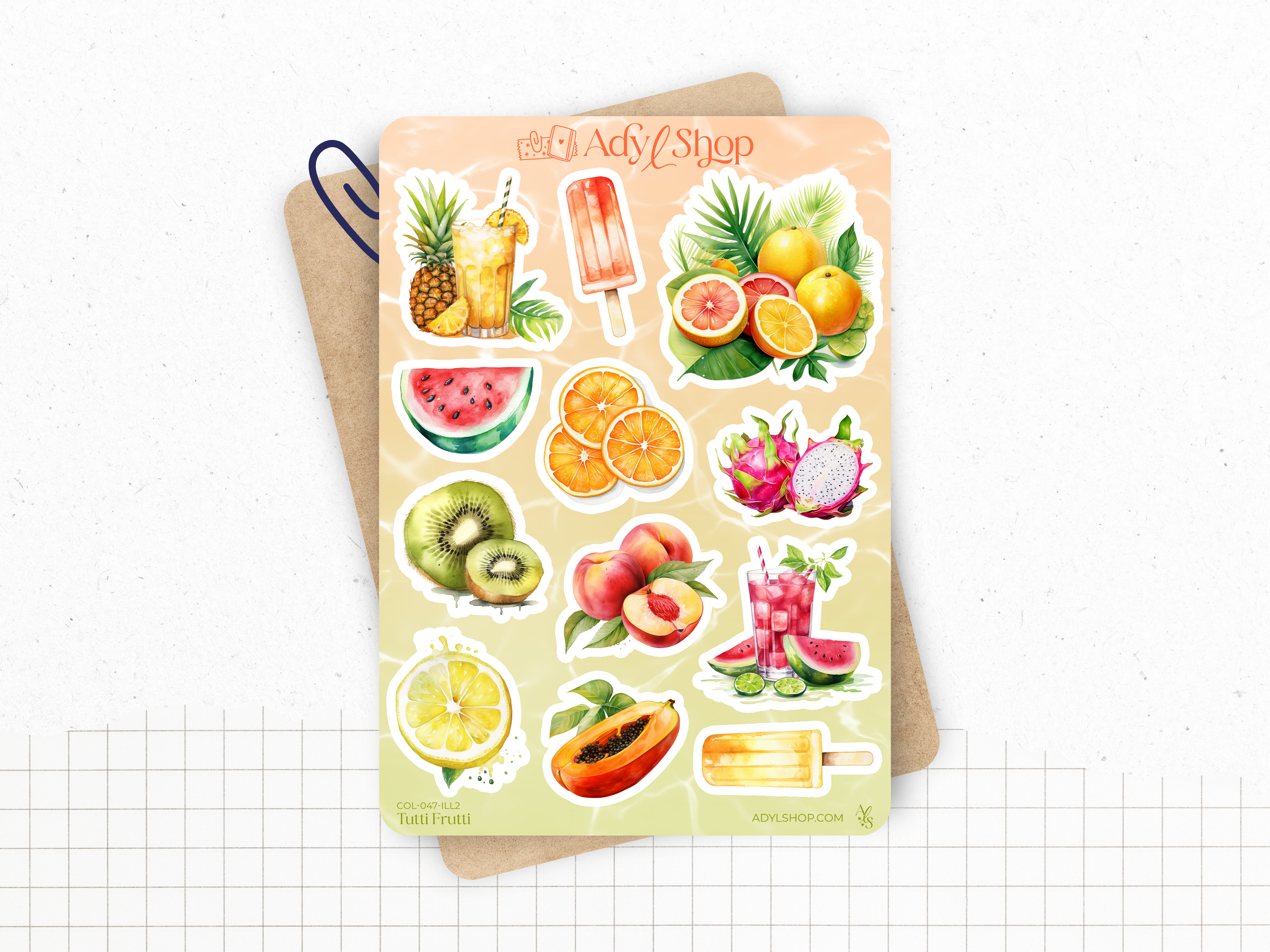 Sticker sheets - "Tutti Frutti" - Watercolor illustrations : summer, fruits - Colorful stickers - Bullet Journal / Planner sticker sheet
