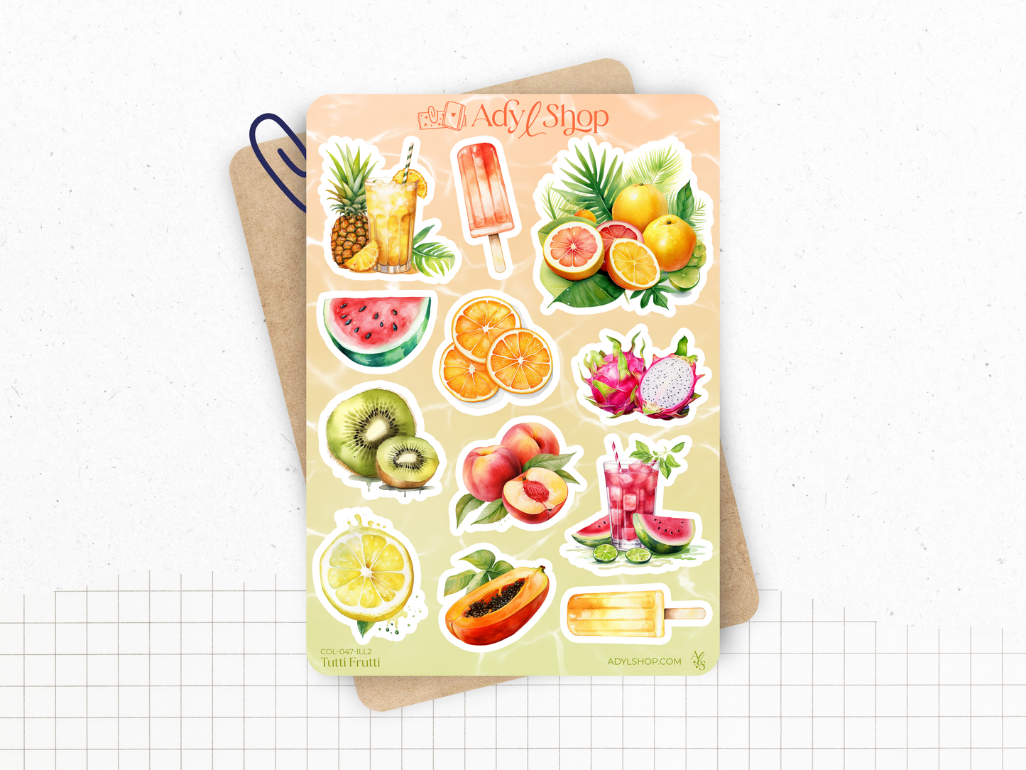 Planches de Stickers "Tutti Frutti" - Autocollants sur le thème de l'été et des fruits - Couronne de fruits, couverture mensuelle - Couleurs vitaminées - Bullet Journal Planner