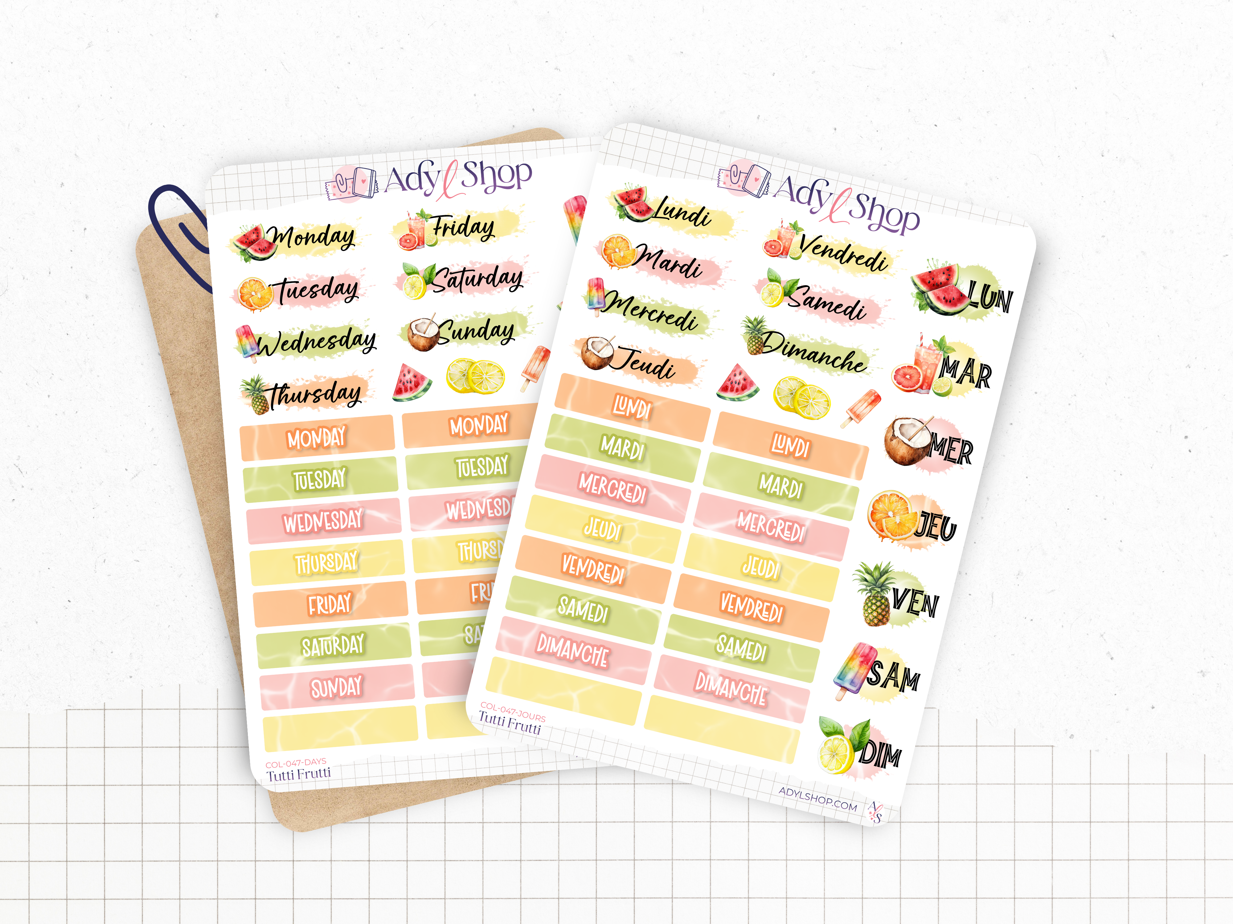 Sticker sheets - "Tutti Frutti" - Watercolor illustrations : summer, fruits - Days of the week - Colorful stickers - Bullet Journal / Planner sticker sheet