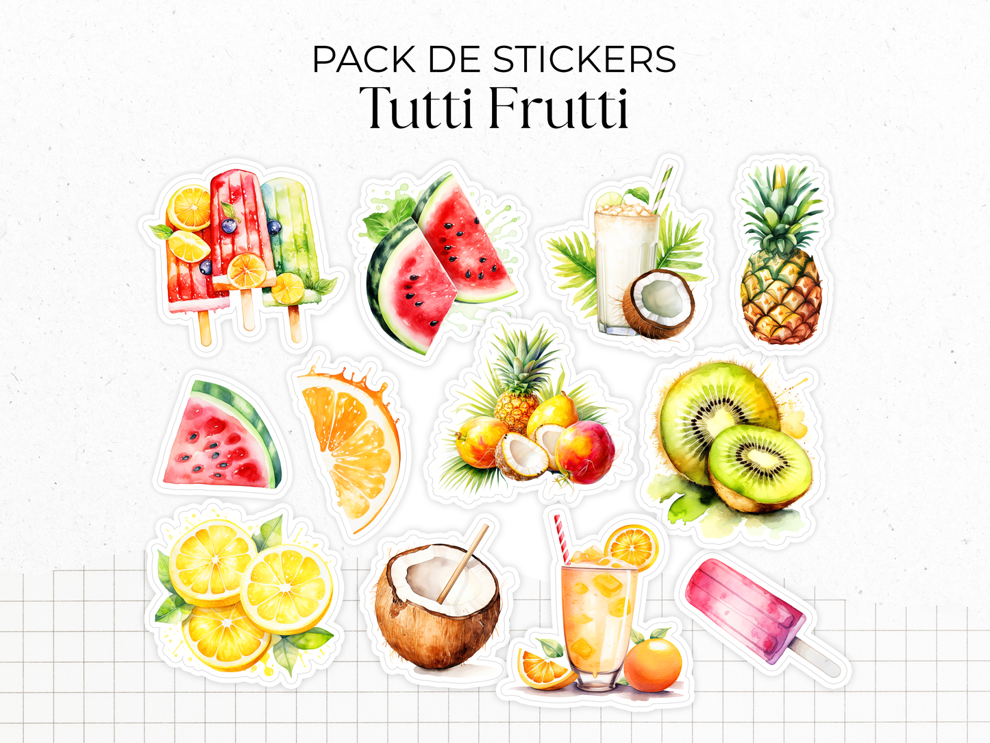 Planches de Stickers "Tutti Frutti" - Autocollants sur le thème de l'été et des fruits - Couronne de fruits, couverture mensuelle - Couleurs vitaminées - Bullet Journal Planner
