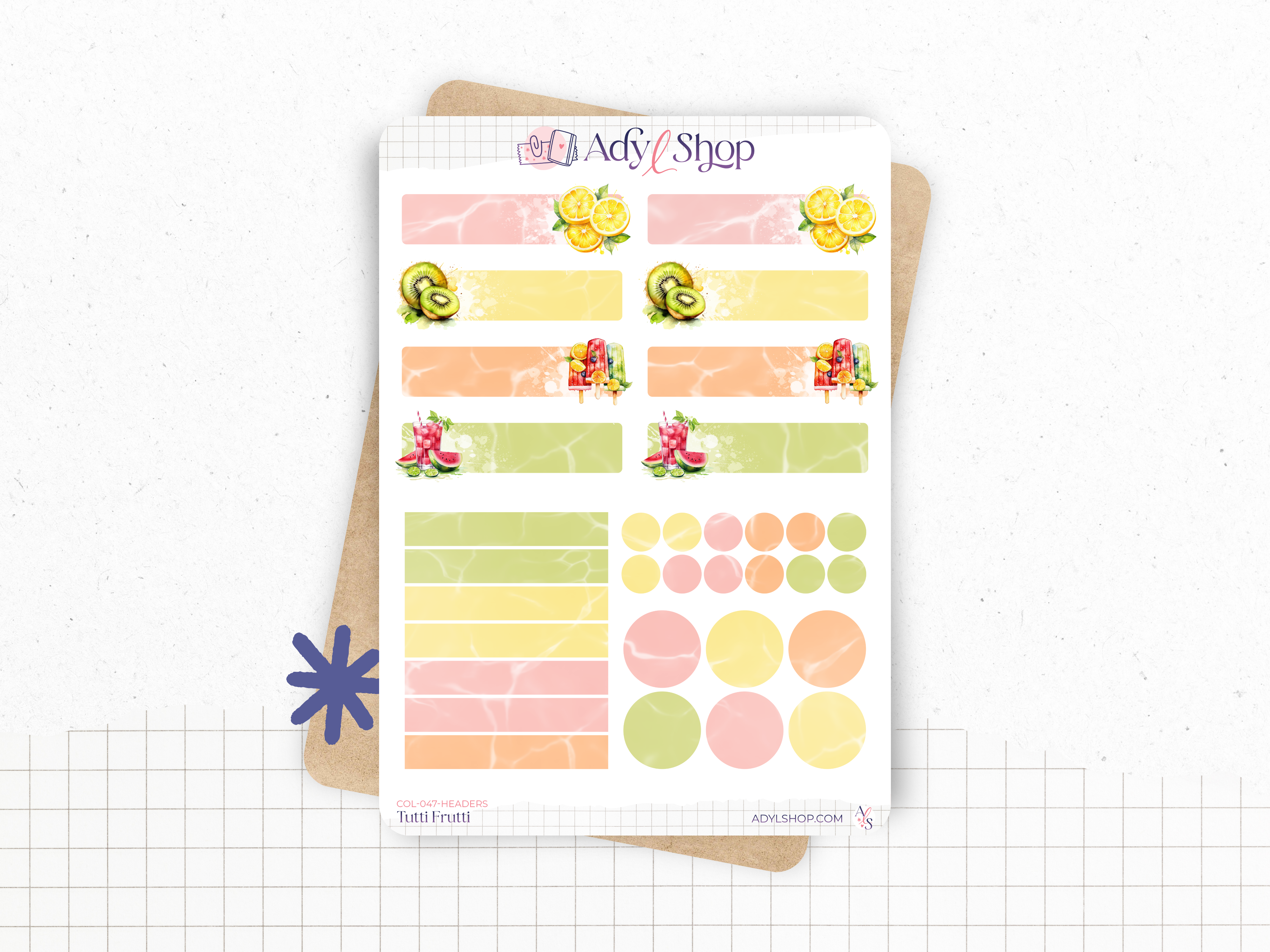 Sticker sheets - "Tutti Frutti" - Watercolor illustrations : summer, fruits - Headers - Colorful stickers - Bullet Journal / Planner sticker sheet