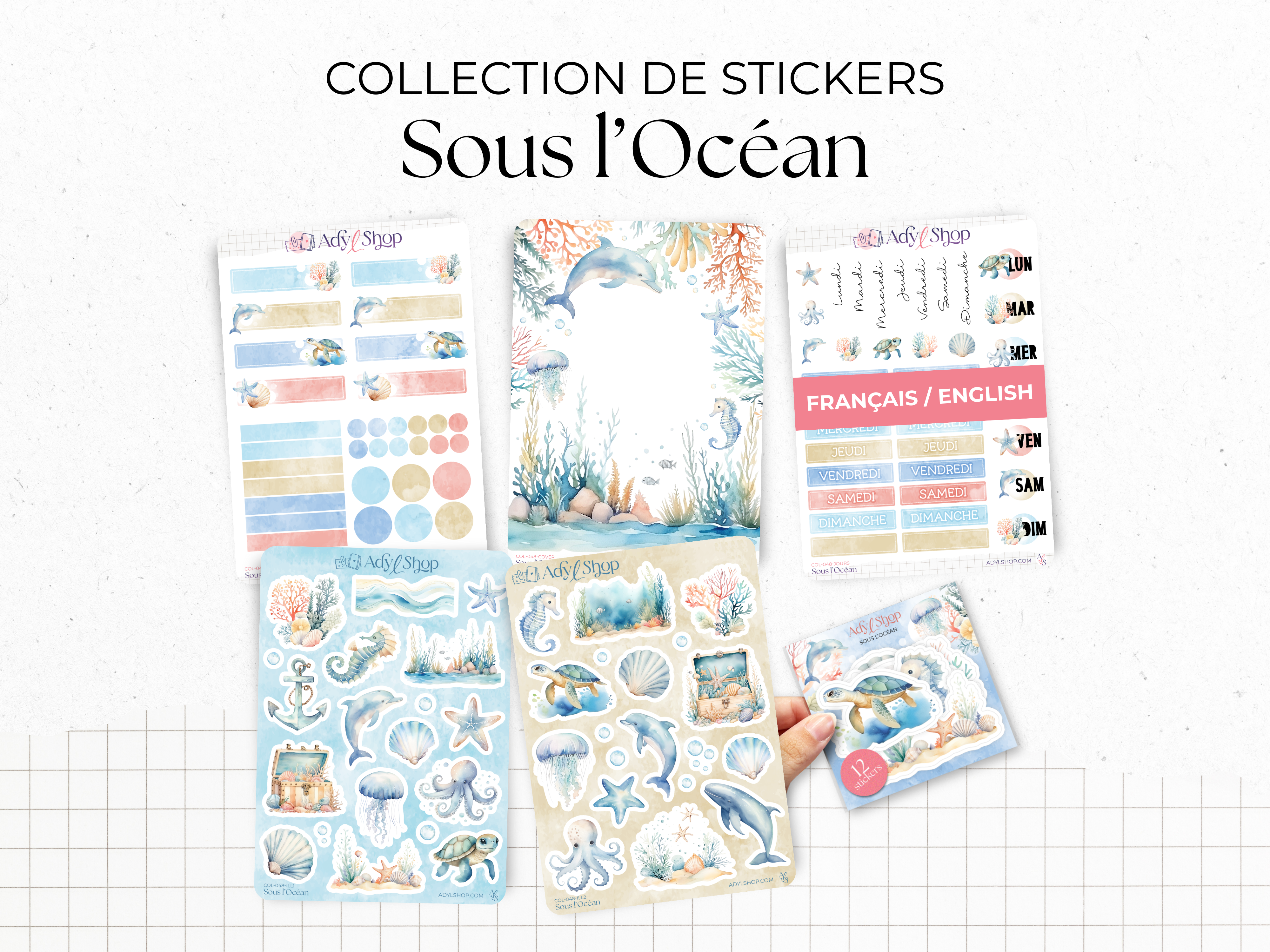 Complete collection of stickers - "Under the Sea" - Watercolor illustrations : ocean, dolphin, corals, starfish - Bullet Journal / Planner sticker sheet