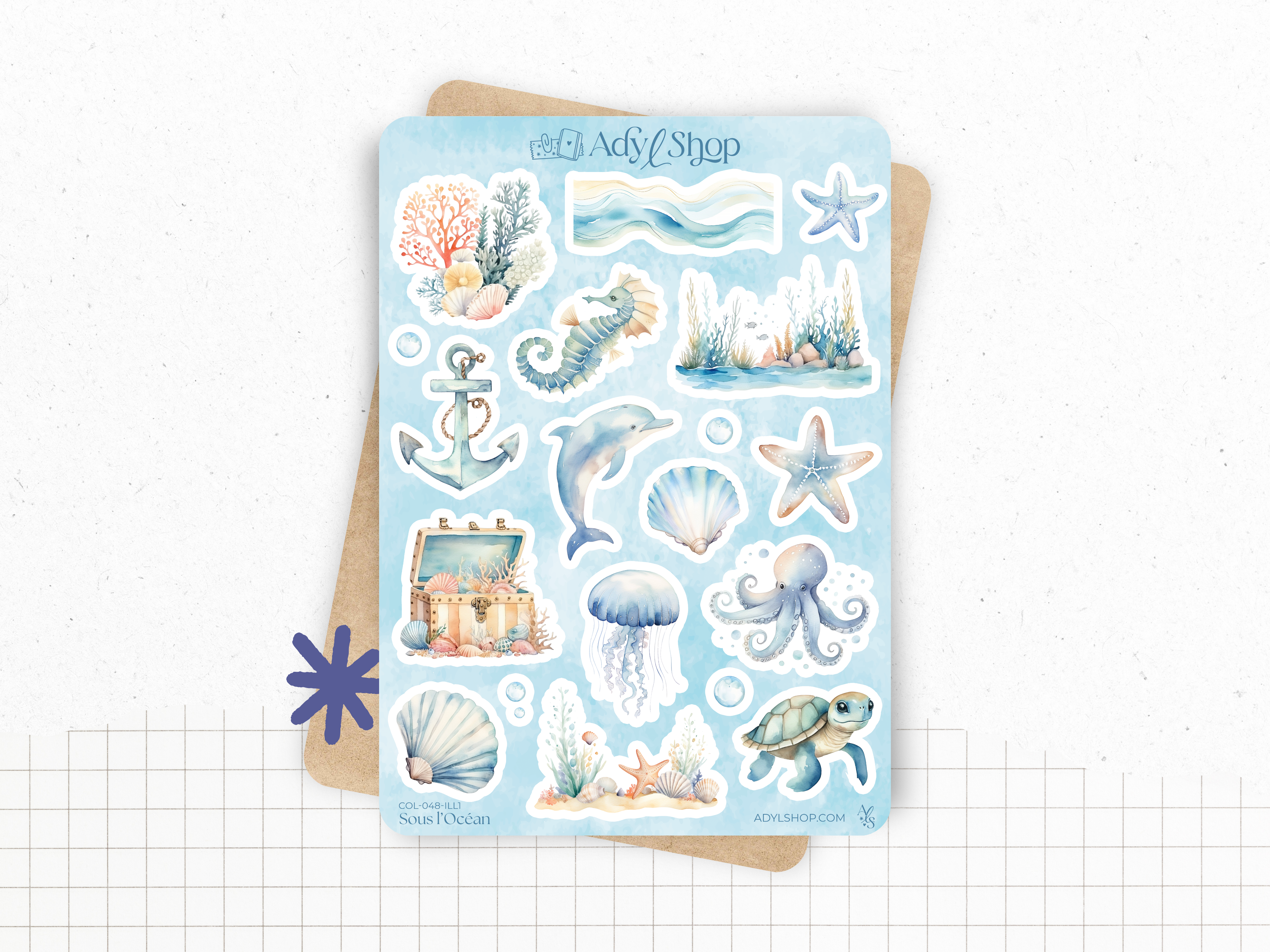Sticker sheets - "Under the Sea" - Watercolor illustrations : ocean, dolphin, corals, starfish - Bullet Journal / Planner sticker sheet