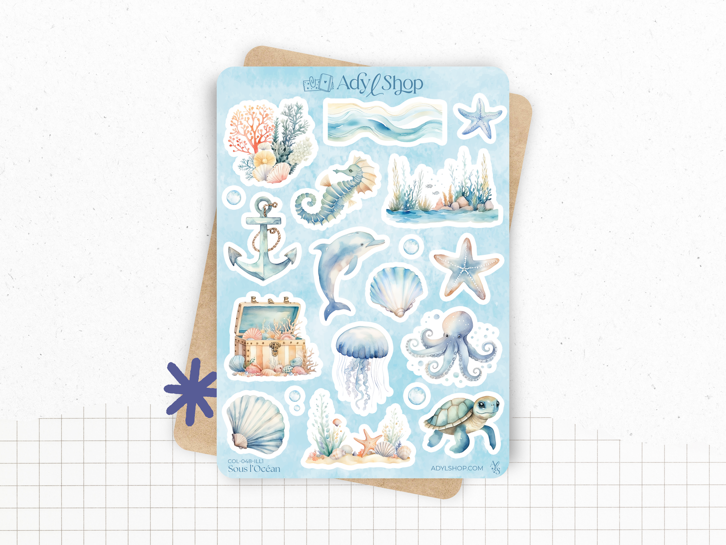 Collection de stickers "Sous l'Océan" - Autocollants sur le thème de l'été - Mer, vie marine, coraux, dauphin - Bullet Journal - Planner