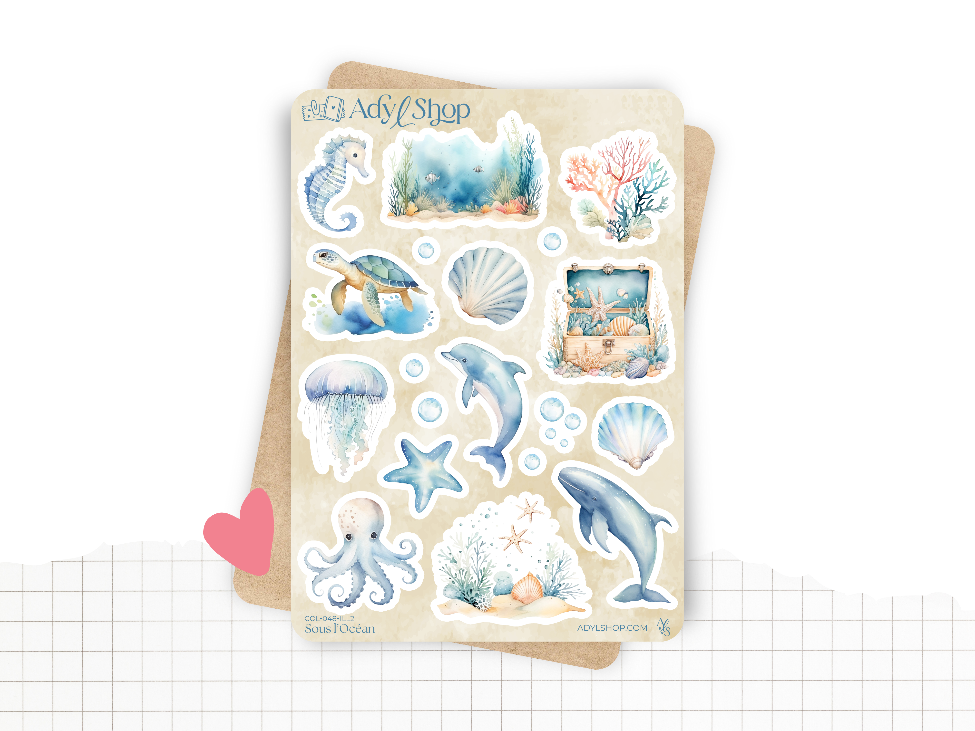 Sticker sheets - "Under the Sea" - Watercolor illustrations : ocean, dolphin, corals, starfish - Bullet Journal / Planner sticker sheet