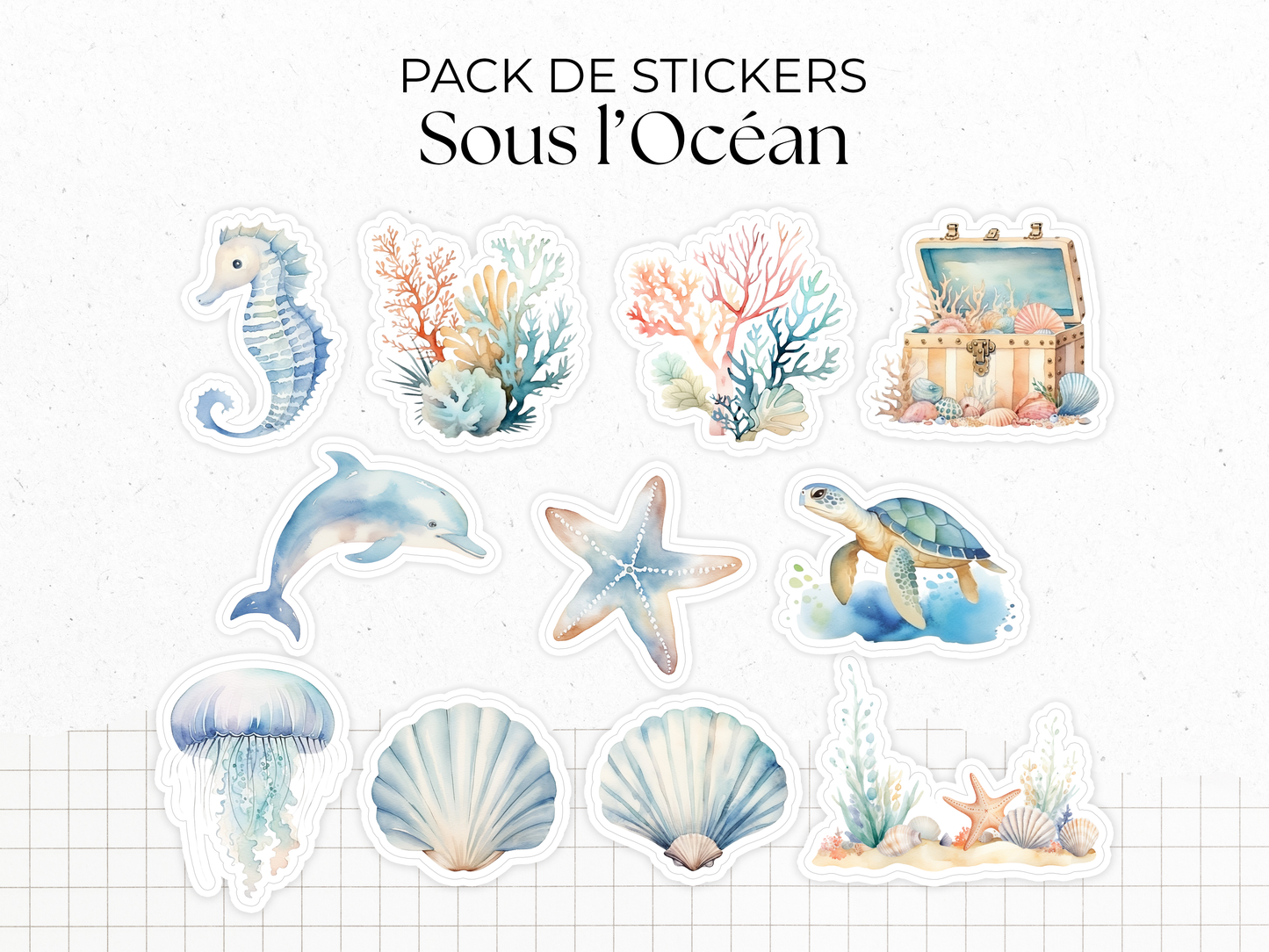 Collection de stickers "Sous l'Océan" - Autocollants sur le thème de l'été - Mer, vie marine, coraux, dauphin - Bullet Journal - Planner