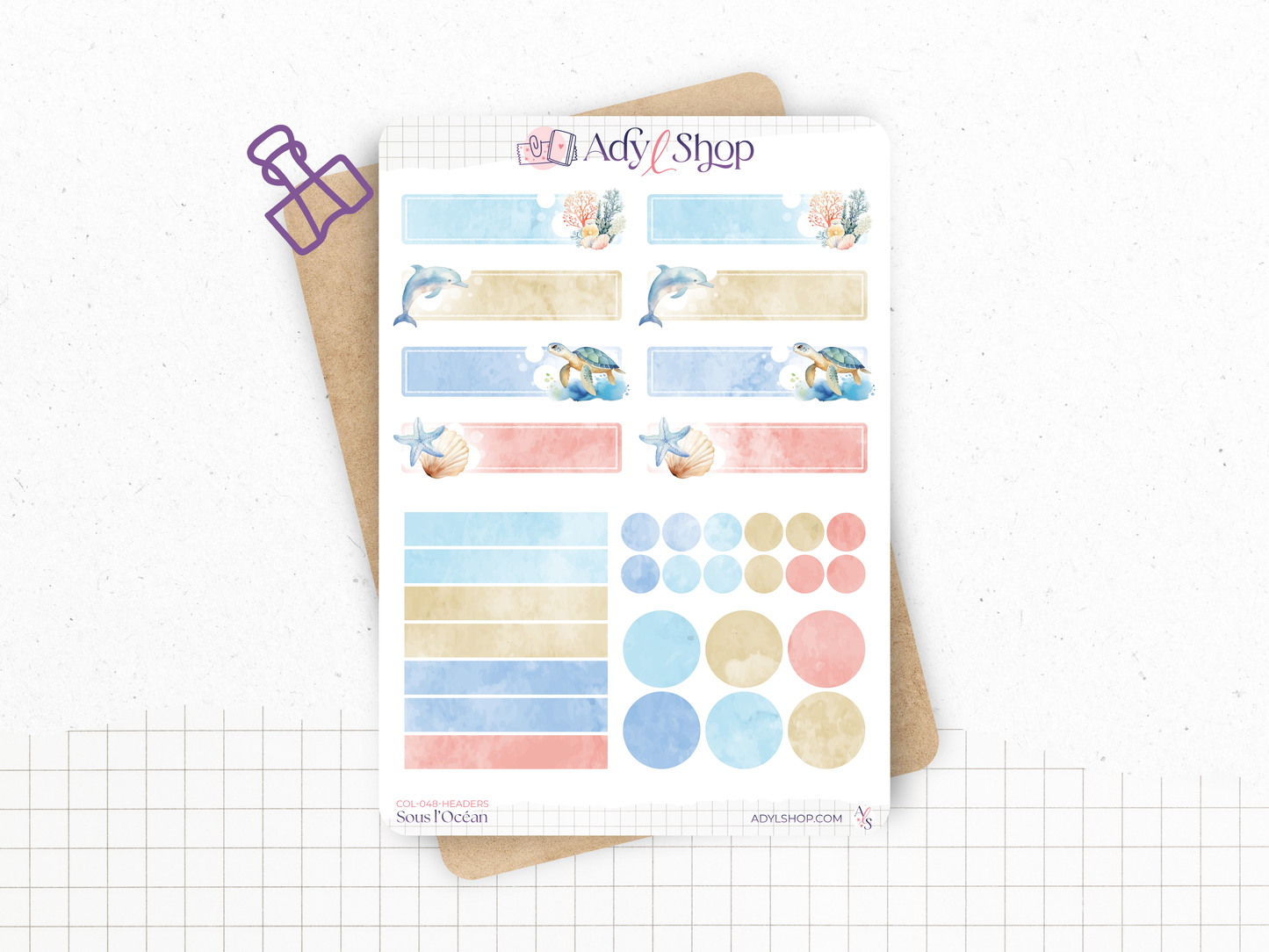 Collection de stickers "Sous l'Océan" - Autocollants sur le thème de l'été - Mer, vie marine, coraux, dauphin - Bullet Journal - Planner