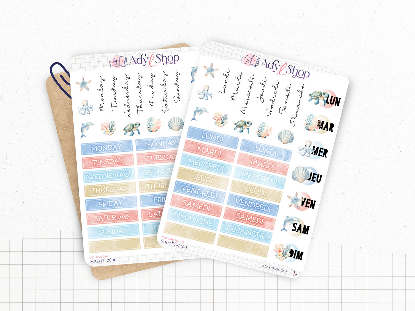 Collection de stickers "Sous l'Océan" - Autocollants sur le thème de l'été - Mer, vie marine, coraux, dauphin - Bullet Journal - Planner