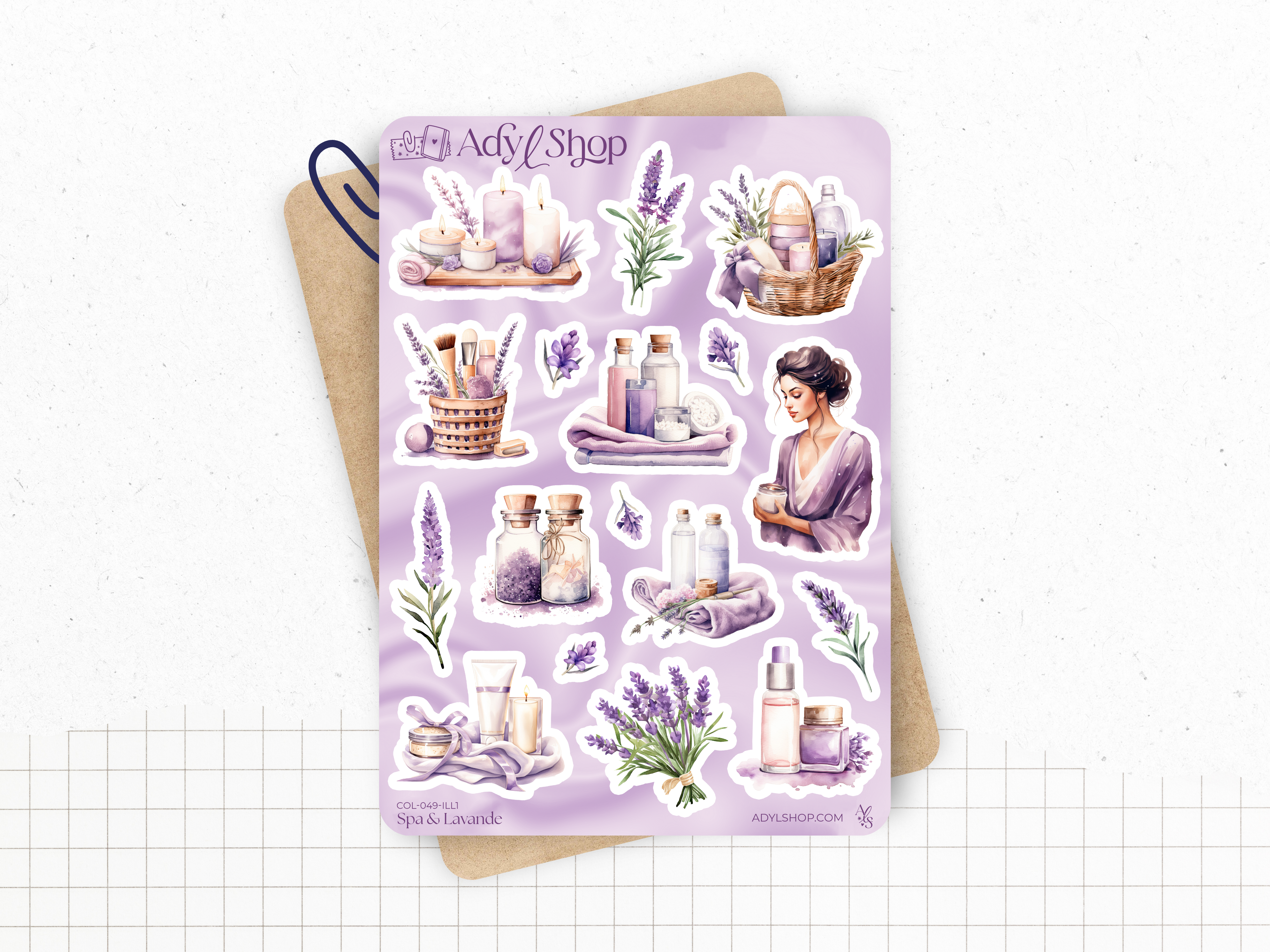 Sticker sheets - "Lavender Spa" - Watercolor illustrations : beauty, massage, cocooning, relaxing - Bullet Journal / Planner sticker sheet