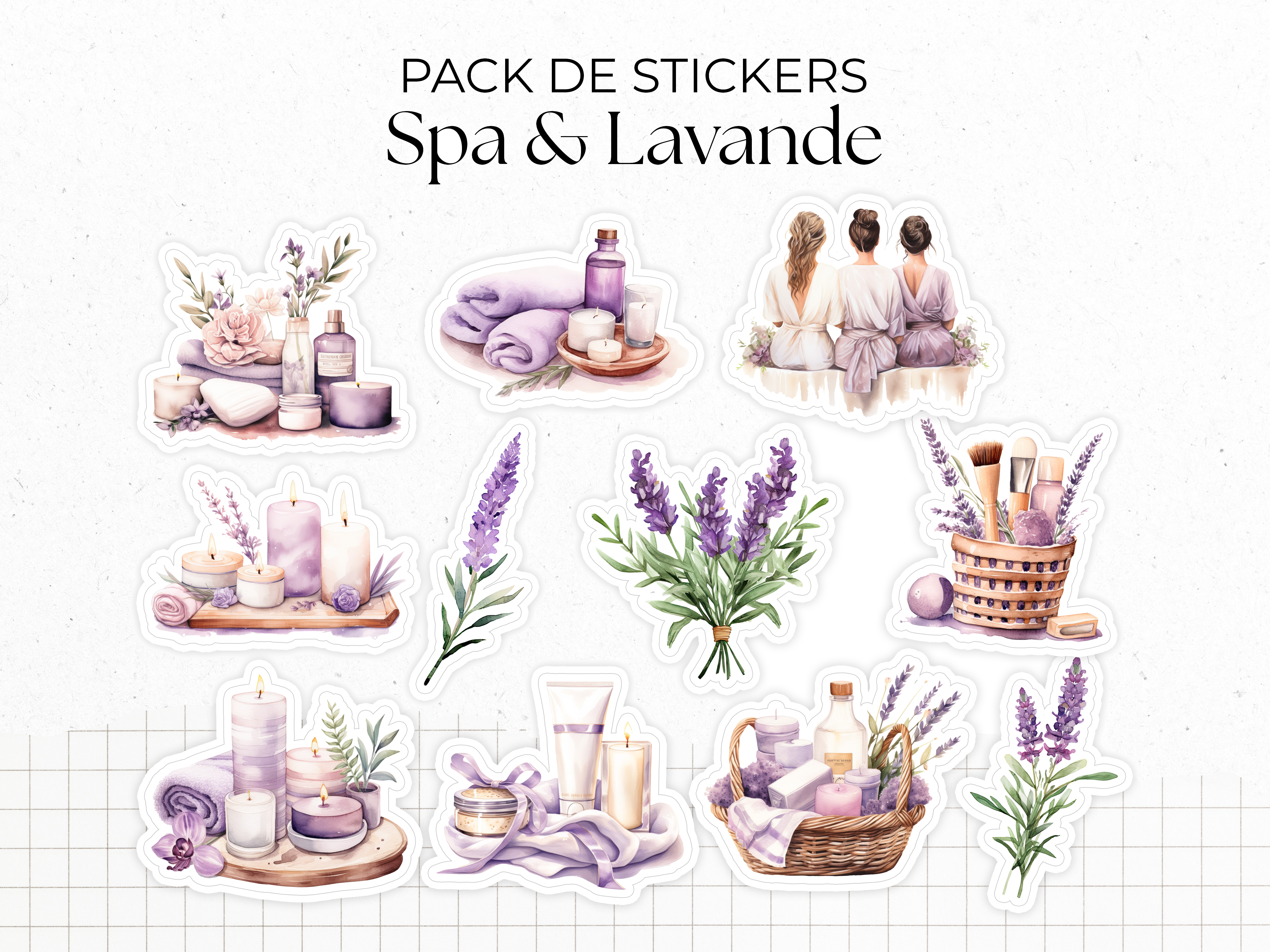 Sticker pack - "Lavender Spa" - Watercolor illustrations : beauty, massage, cocooning, relaxing - 11 die-cut stickers - Bullet Journal / Planner sticker sheet
