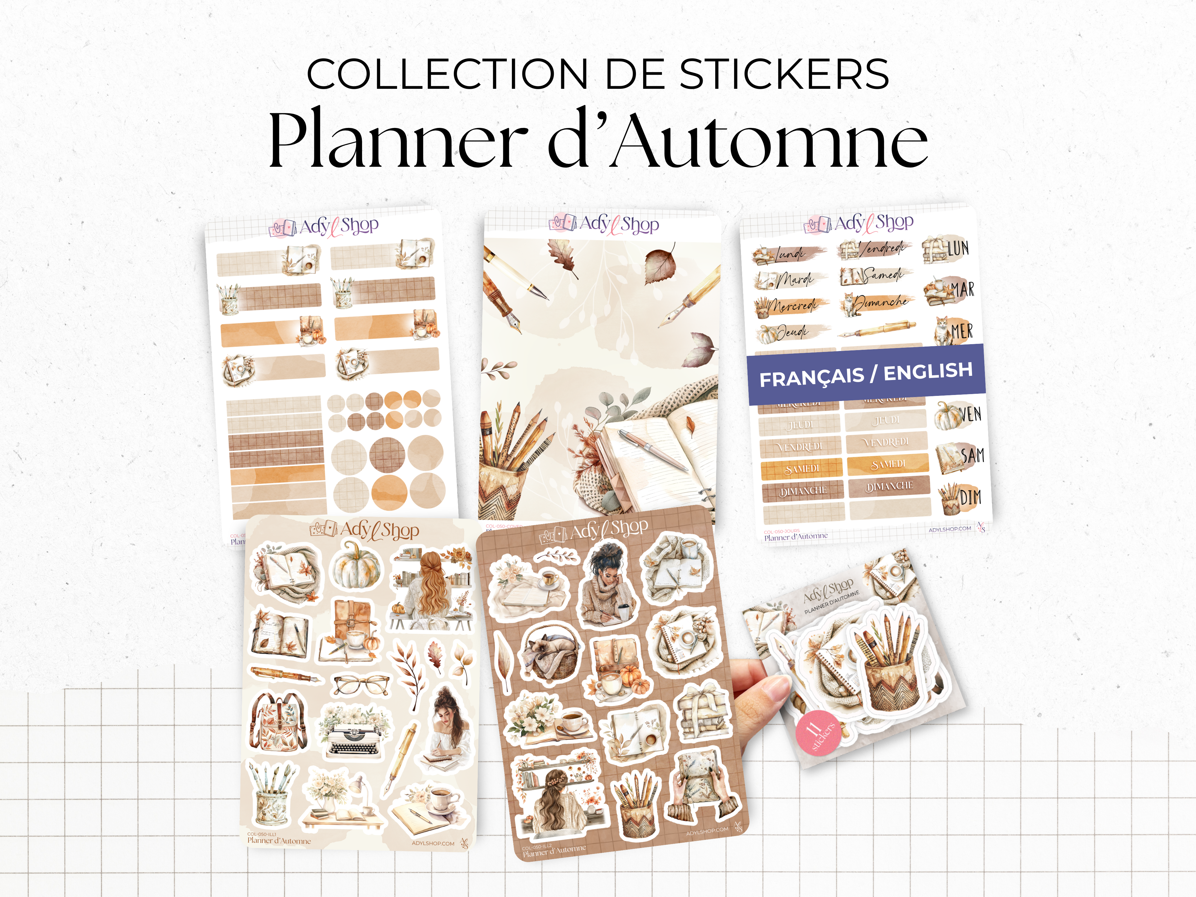 La collection complète de stickers "Planner d'automne" : 5 planches d'autocollants et 1 pack de stickers. Sur le thème de l'automne, de la papeterie, des carnets.