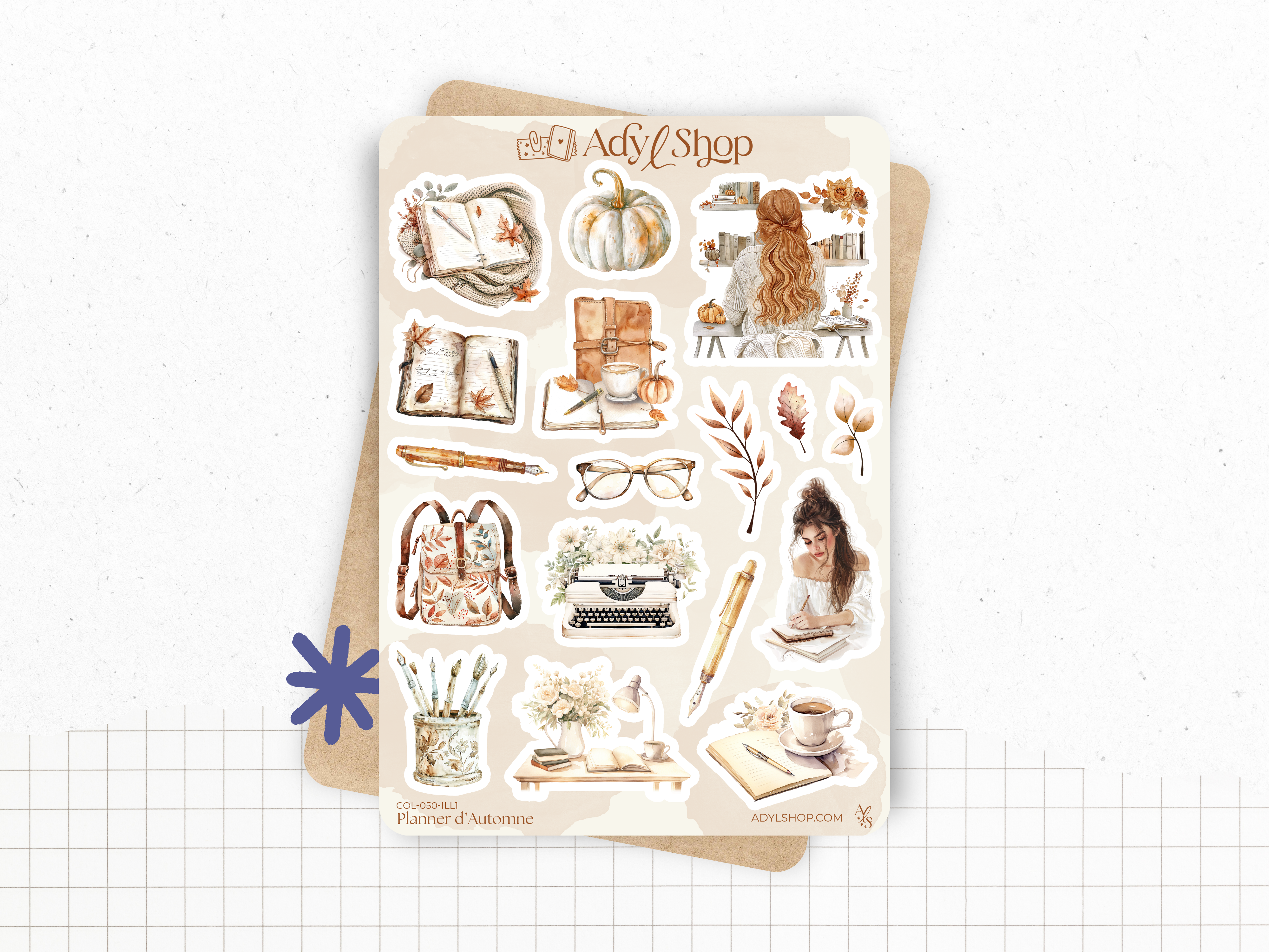 Planche de stickers sur le thème de l'automne pour décorer les pages de votre Bullet Journal. 17 autocollants : 17 illustrations sur le thème de l'automne, des carnets, de la papeterie.