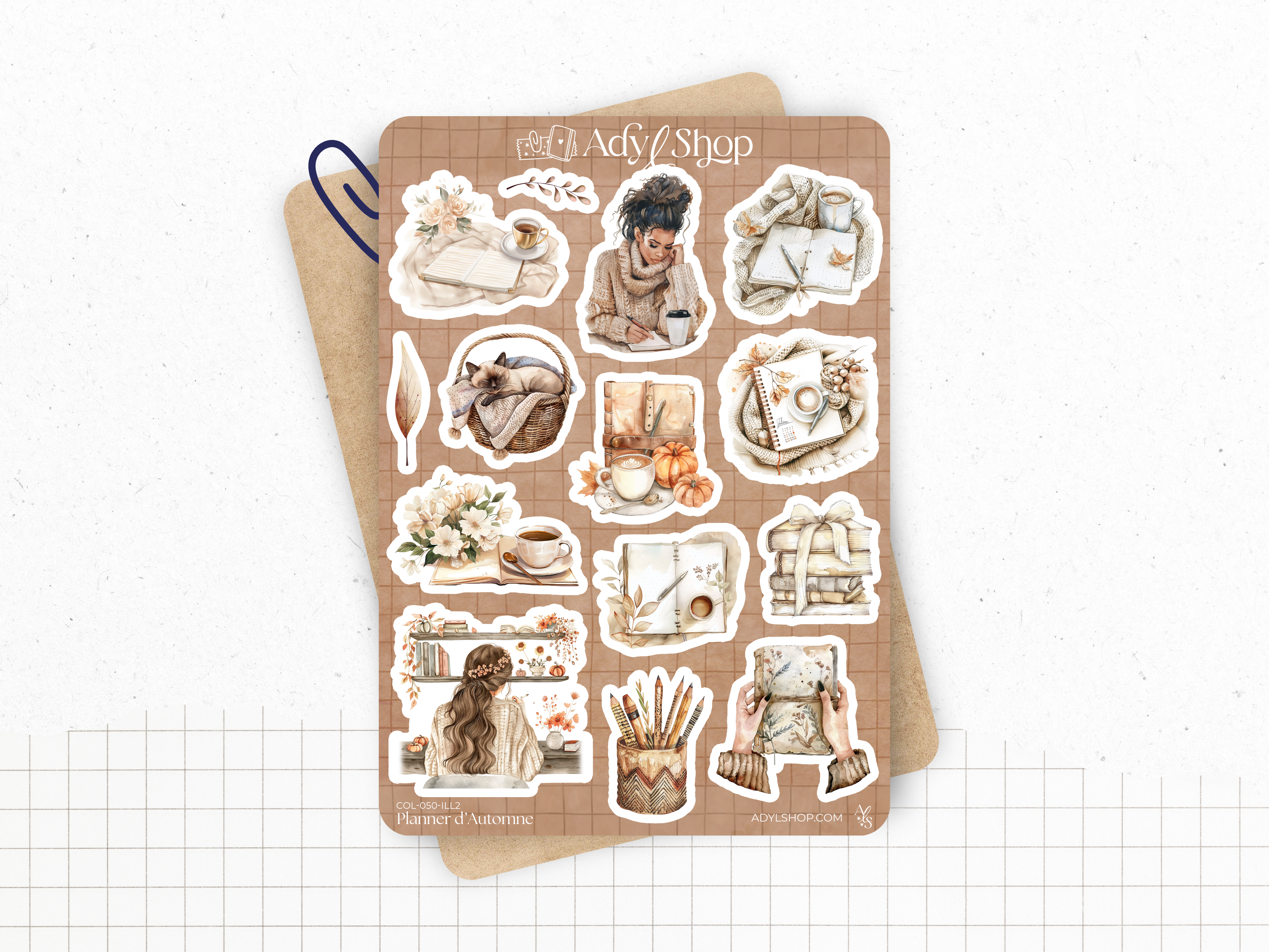 Planche de stickers sur le thème de l'automne pour décorer les pages de votre Bullet Journal. 17 autocollants : 17 illustrations sur le thème de l'automne, des carnets, de la papeterie.