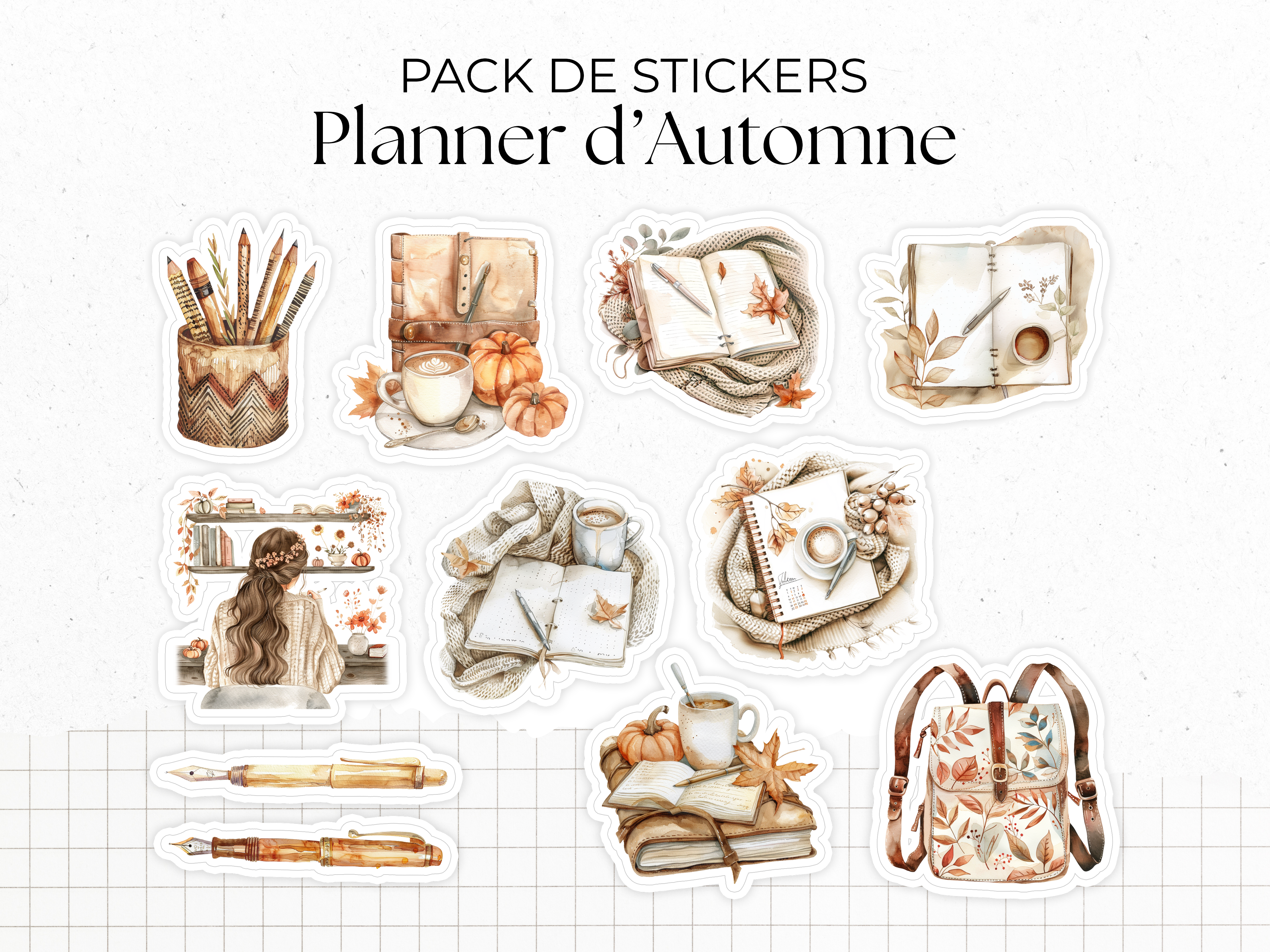 Pack de 11 stickers individuels sur le thème de l'automne, des carnets, de la papeterie. Pour Bullet Journal ou scrapbooking.