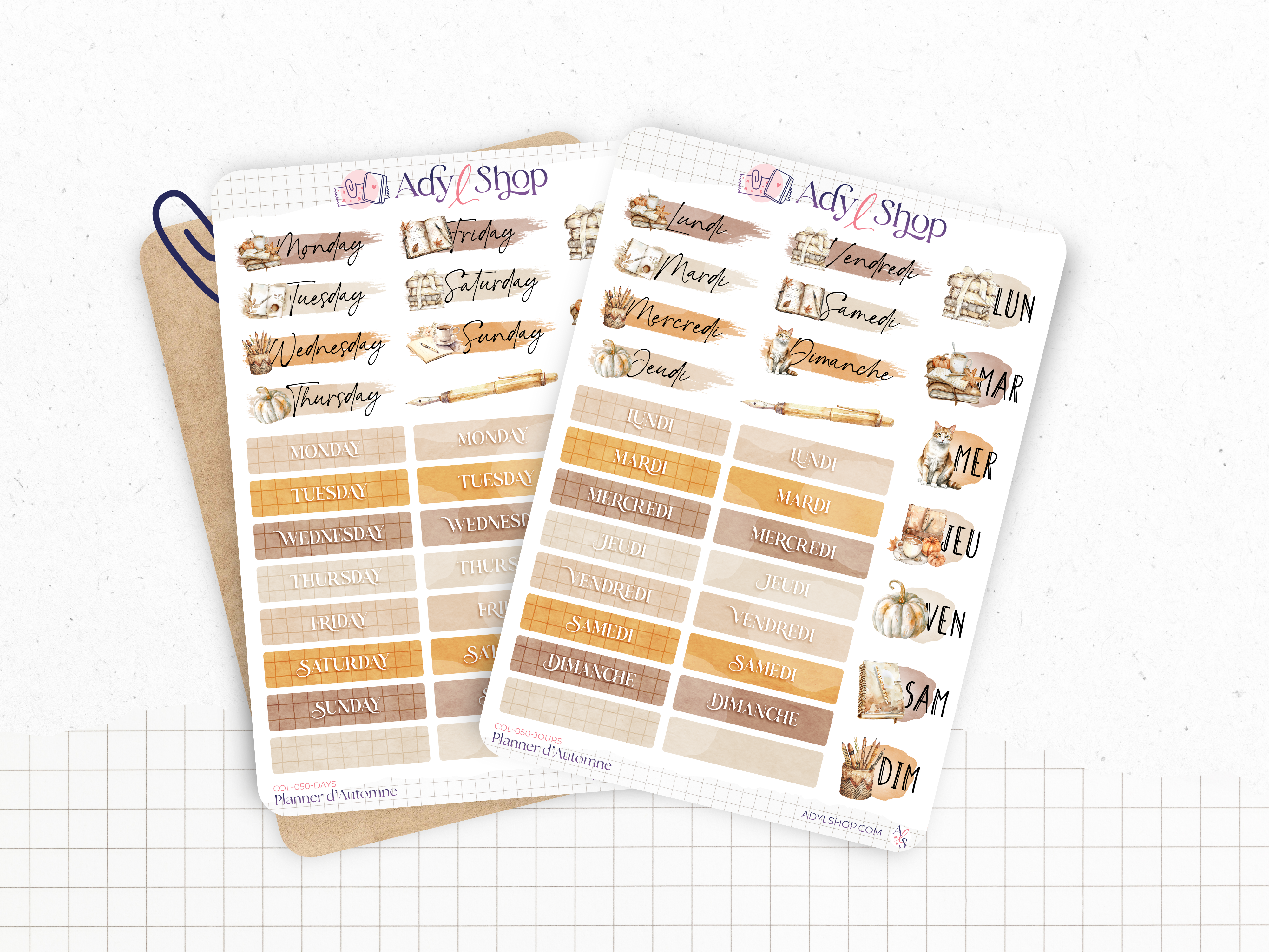 Planche de stickers sur le thème de l'automne pour décorer les pages de votre Bullet Journal. Autocollants jours de la semaine pour 4 semaines. En français ou en anglais.